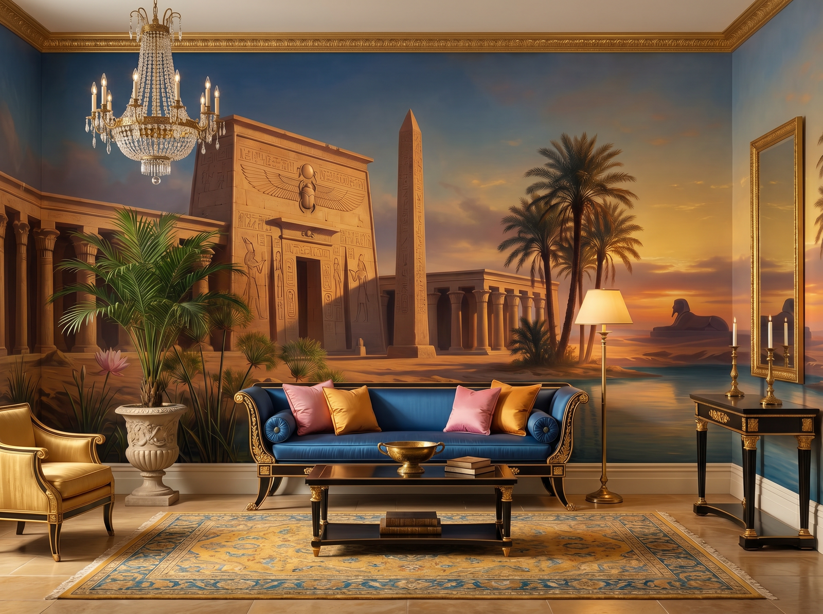 Egyptian Revival scenic wallpaper mural on the feature wall of a traditional study, in a soft grey palette — The Wall Shawl.