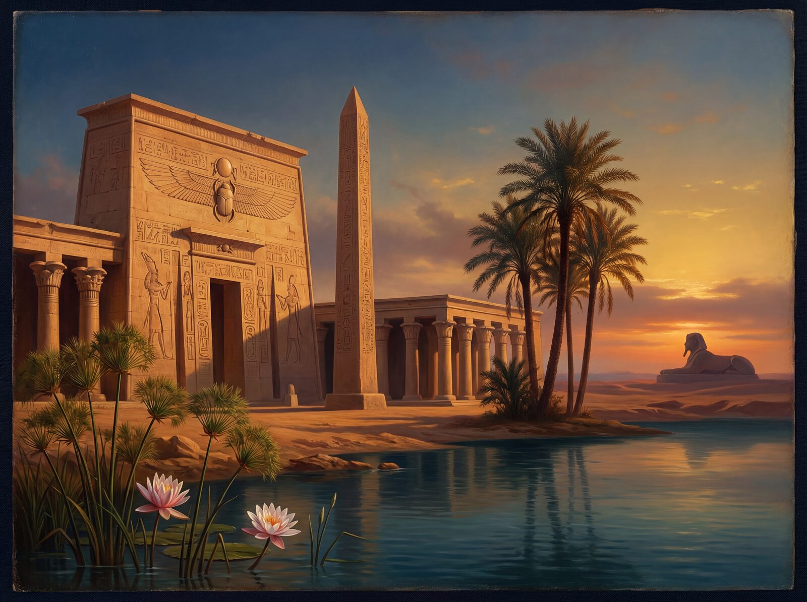Scenic mural wallpaper in Nile Night, Pharaoh Gold, and Lapis Azure. Made to order.