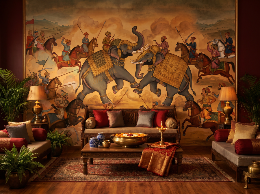 Elephant Battle scenic wallpaper mural on the feature wall of an English-country study, in a golden yellow-and-ochre palette — The Wall Shawl.