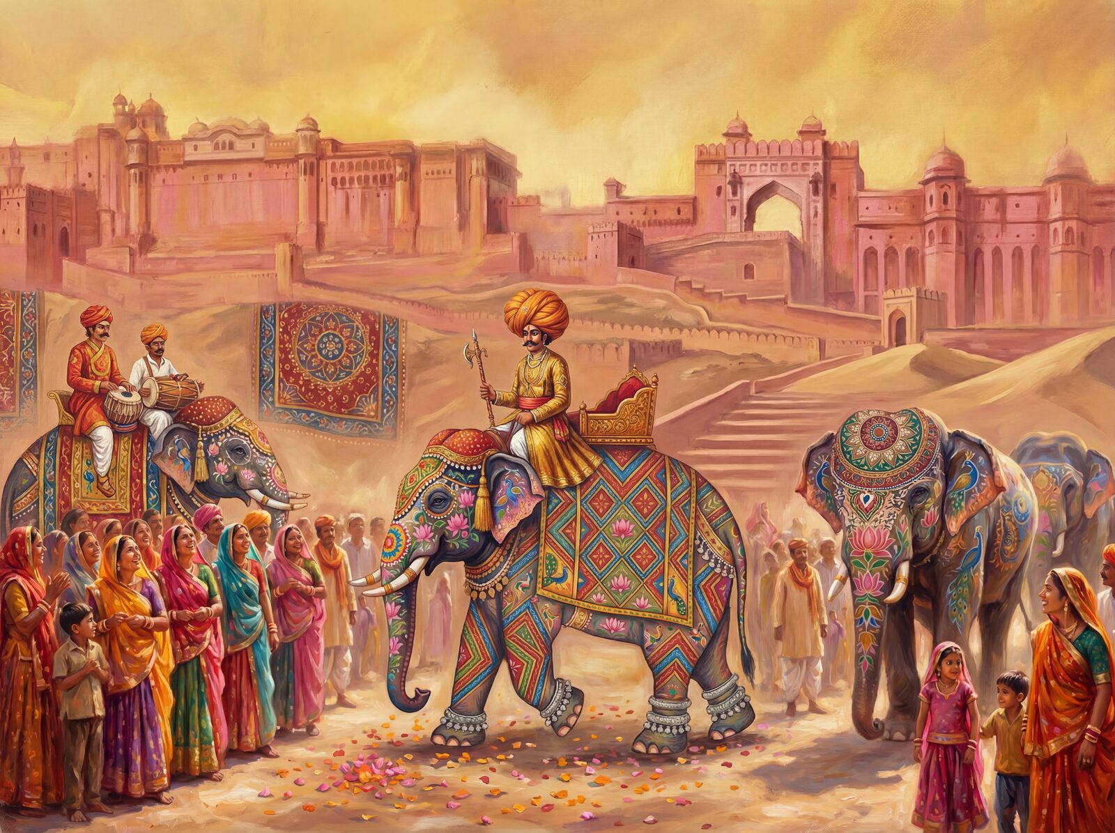 Vibrant elephant parade mural with Elephant Grey, Mandala Red, and Festival Gold. Made to order.