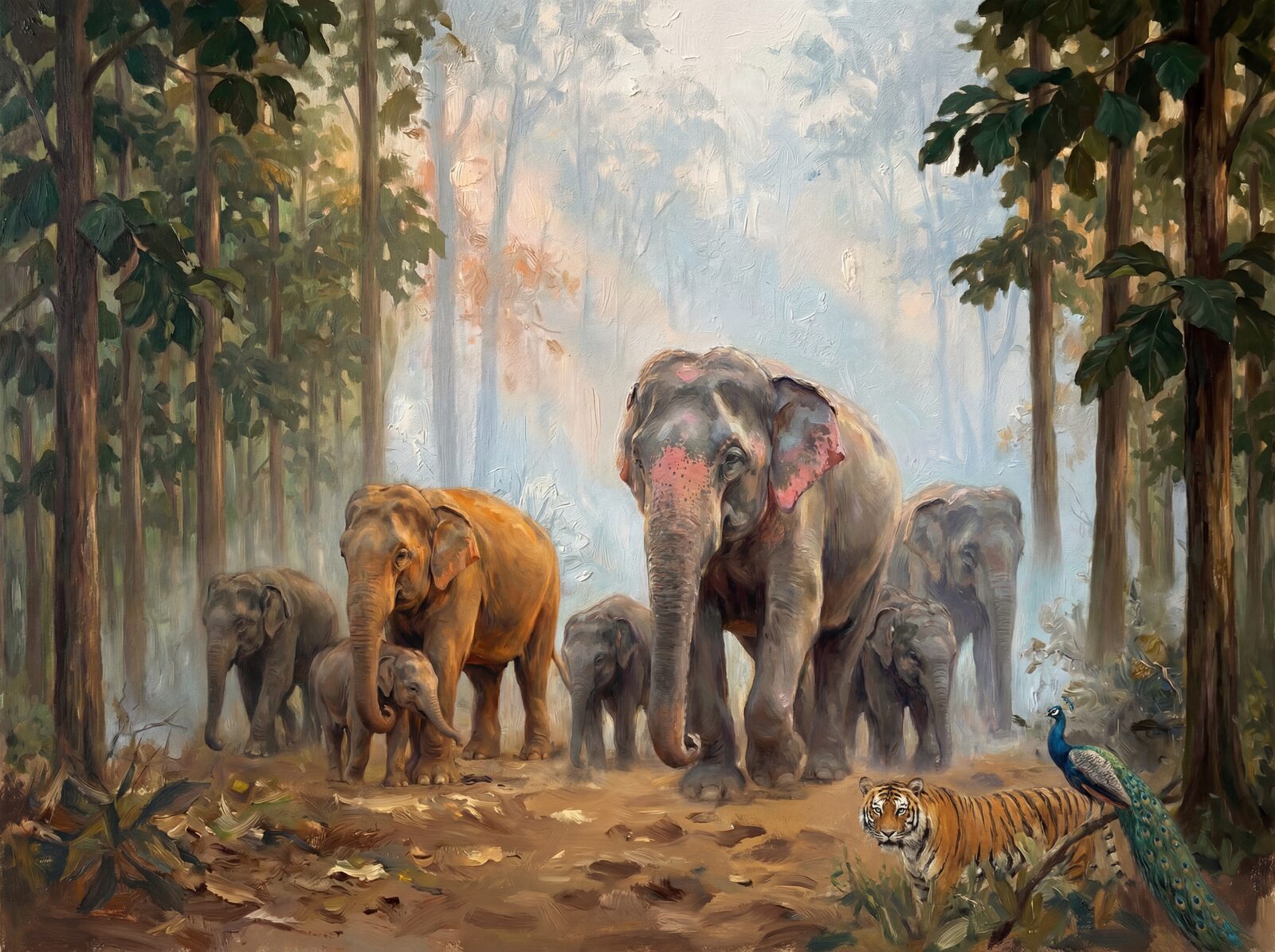 Wildlife mural wallpaper featuring elephants in a forest setting with a palette of greys, greens, and earth tones. Made to order.