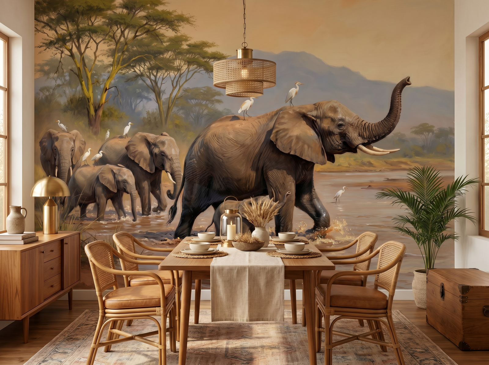 Elephant Parade scenic wallpaper mural on the feature wall of an English-country entrance hall, in a soft grey palette — The Wall Shawl.