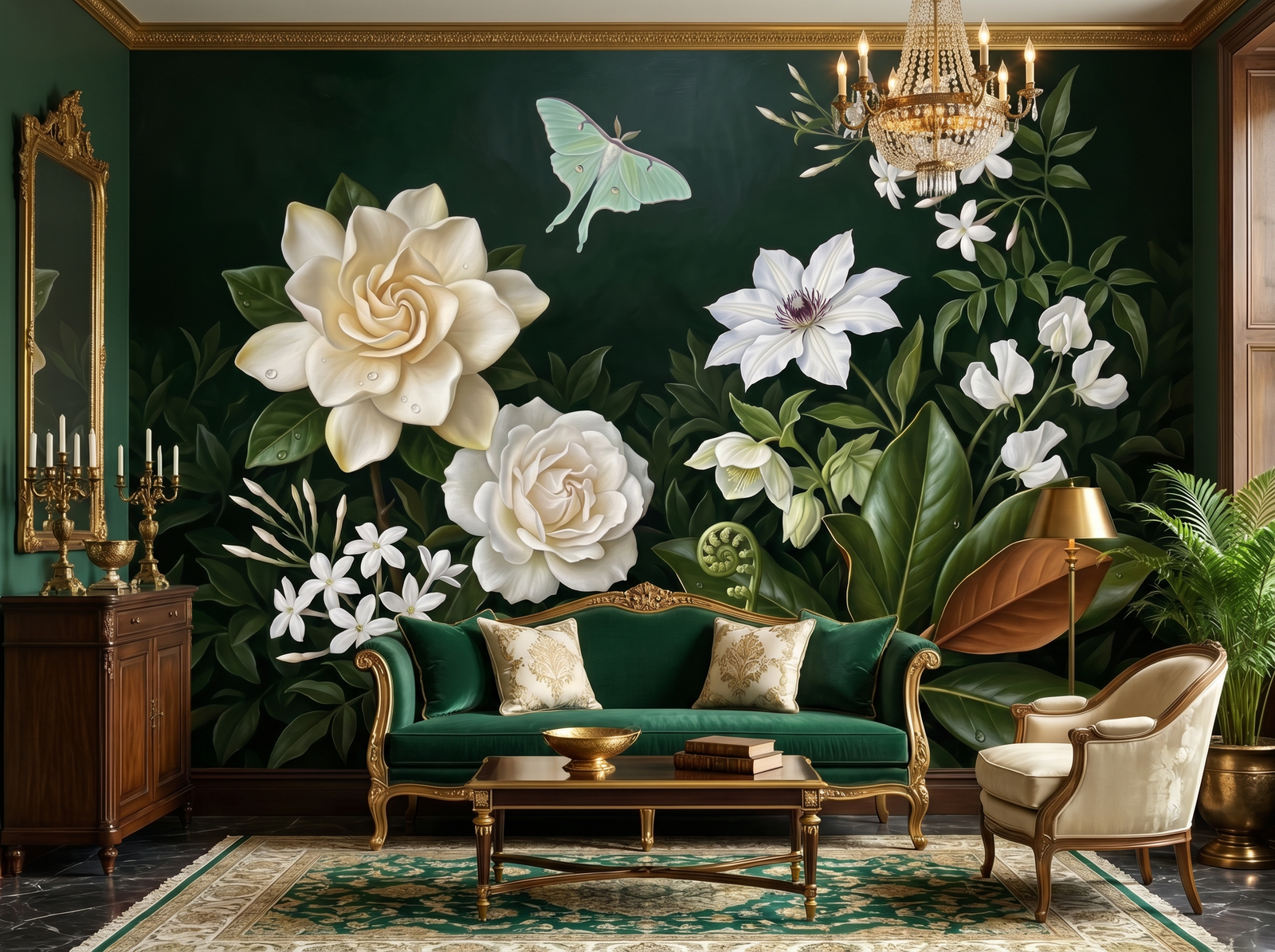 Emerald Depths scenic wallpaper mural on the feature wall of a dark-academia dining room, in a moody black-and-charcoal palette — The Wall Shawl.