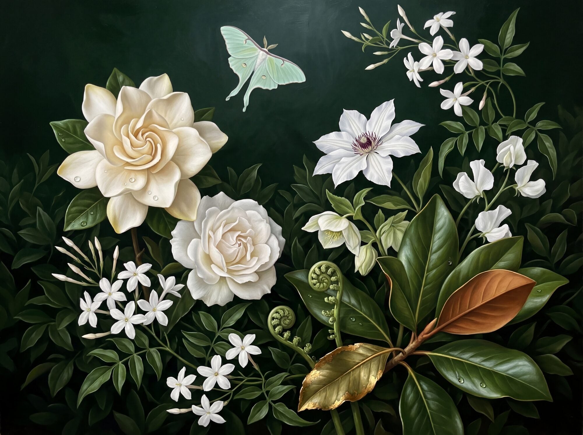 Dark botanical mural: white gardenias, clematis, jasmine and a luna moth painted in Dutch Golden Age oil style against a deep forest-green ground