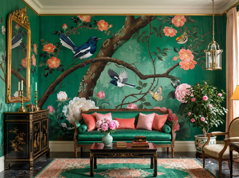 Emerald Garden Chinoiserie — Scenic Mural Wallpaper