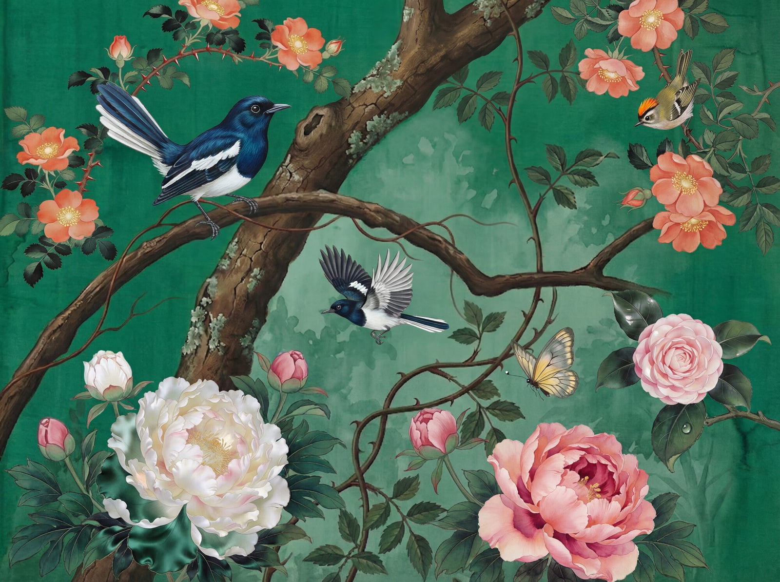 Emerald Garden chinoiserie mural wallpaper — Oriental magpie-robins perched and in flight among large white and blush peonies, coral climbing roses and camellias on a deep emerald green silk ground
