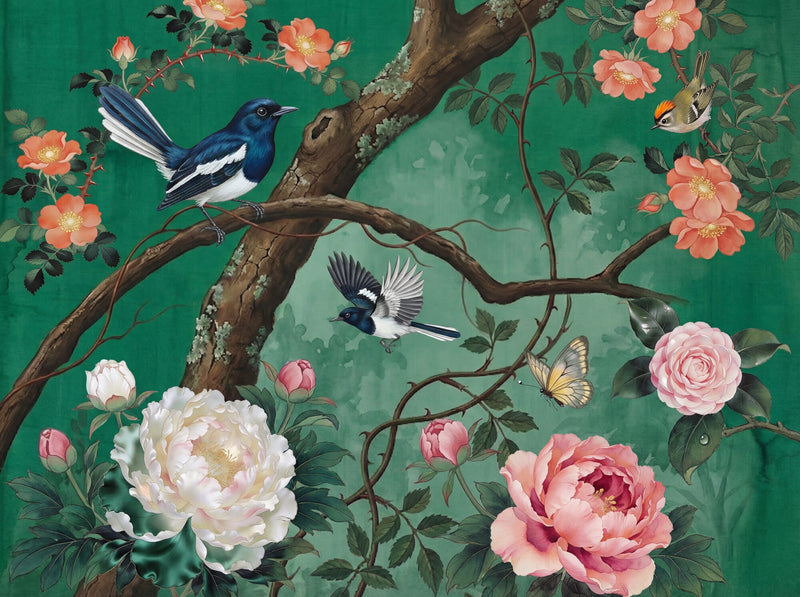 Emerald Garden Chinoiserie — Scenic Mural Wallpaper