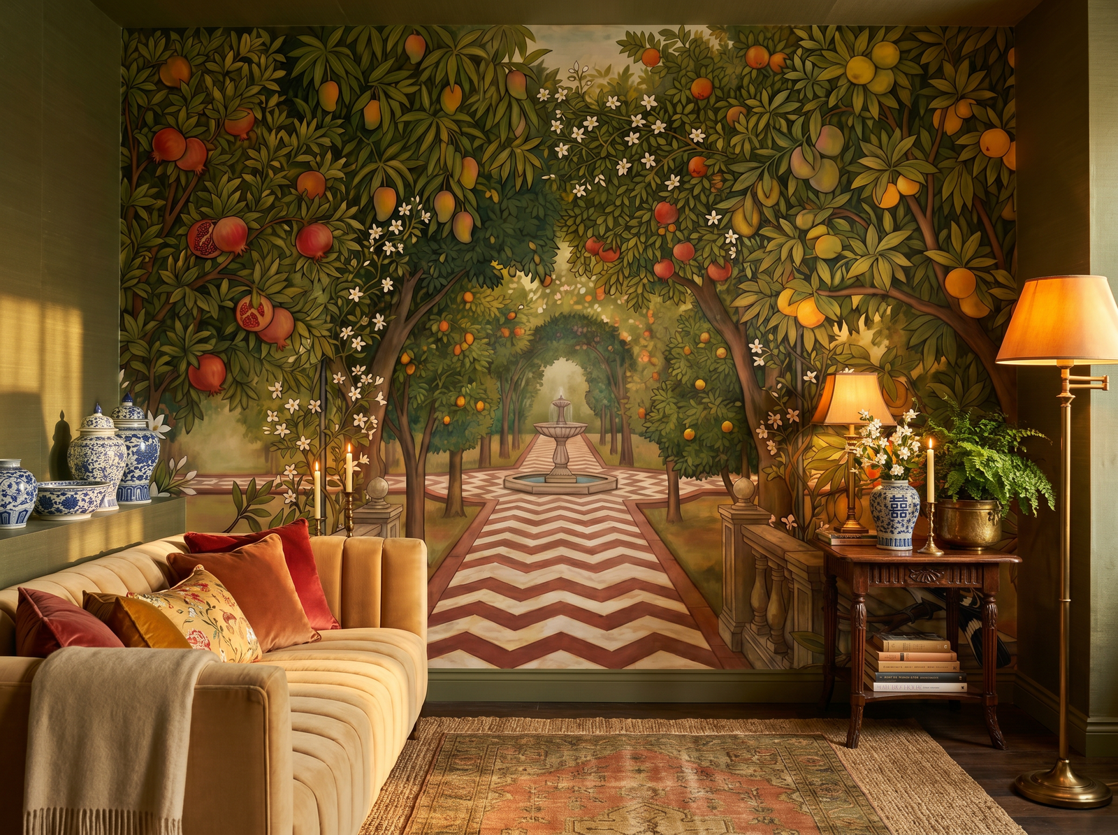 Emperor's Garden Walk scenic wallpaper mural on the feature wall of a chinoiserie living room, in a moody black-and-charcoal palette — The Wall Shawl.