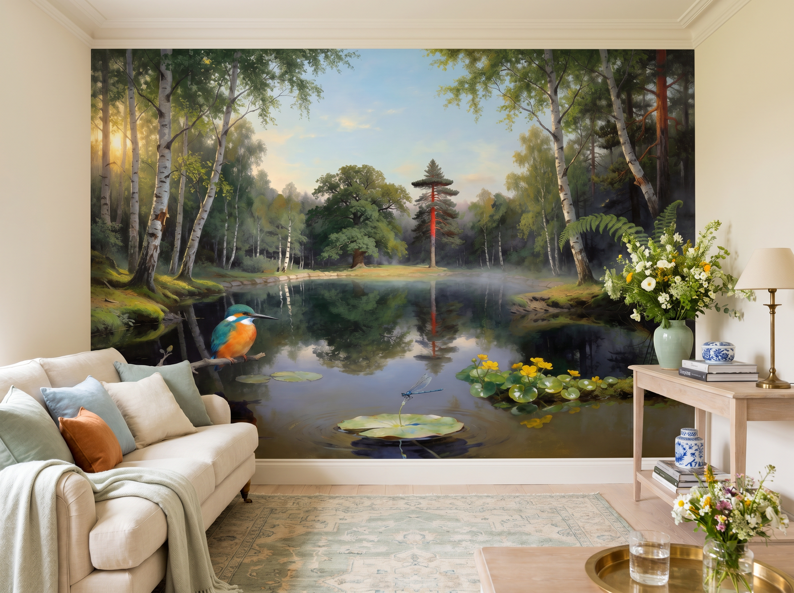 Enchanted Pool scenic wallpaper mural on the feature wall of a biophilic bathroom, in a verdant green palette — The Wall Shawl.