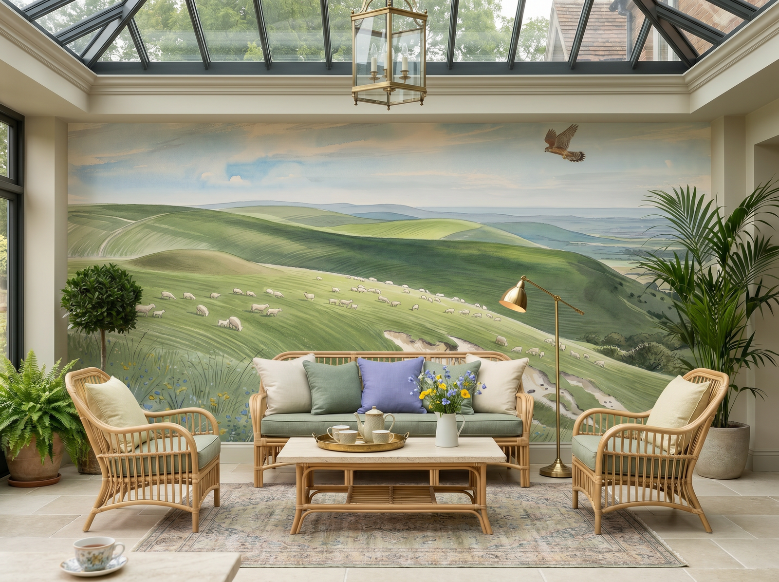 English Downland scenic wallpaper mural on the feature wall of an English-country bedroom, in a verdant green palette — The Wall Shawl.
