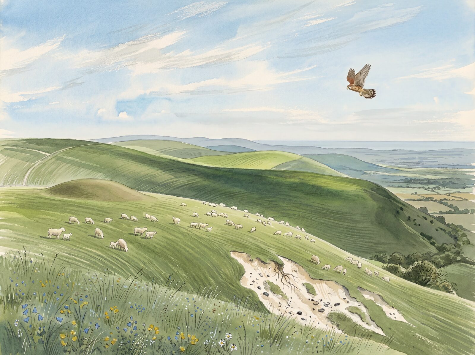 Serenely geometric South Downs landscape in Turf Green, Shadow Emerald, and Sky Pale Blue. Made to order.