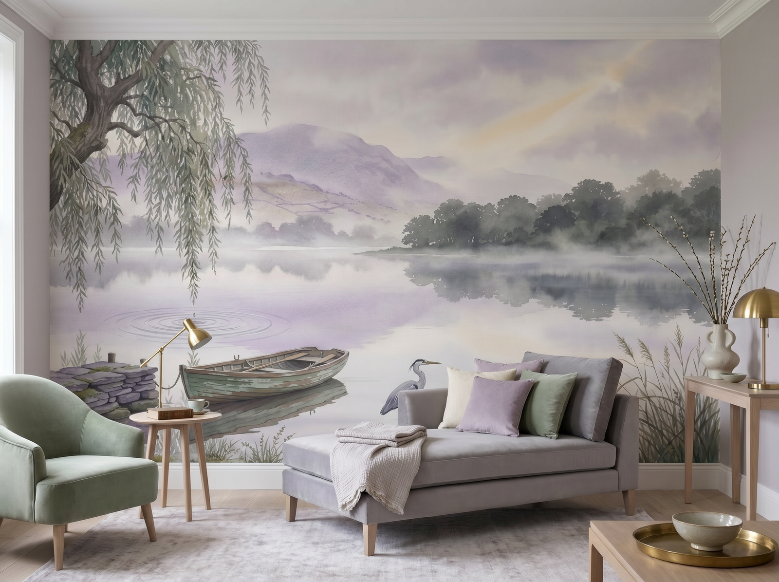 English Lake Morning scenic wallpaper mural on the feature wall of an English-country living room, in a soft grey palette — The Wall Shawl.