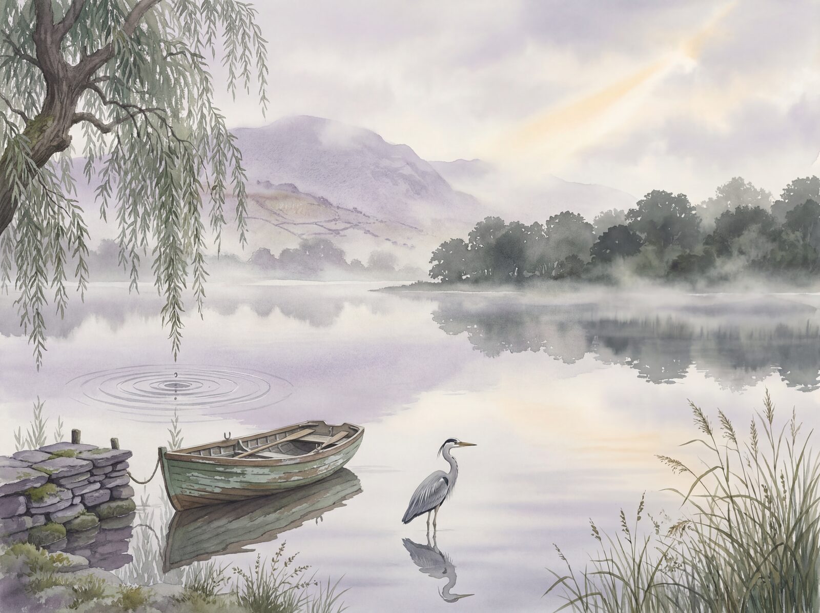 Serenely peaceful lake scene with muted palette. Made to order.