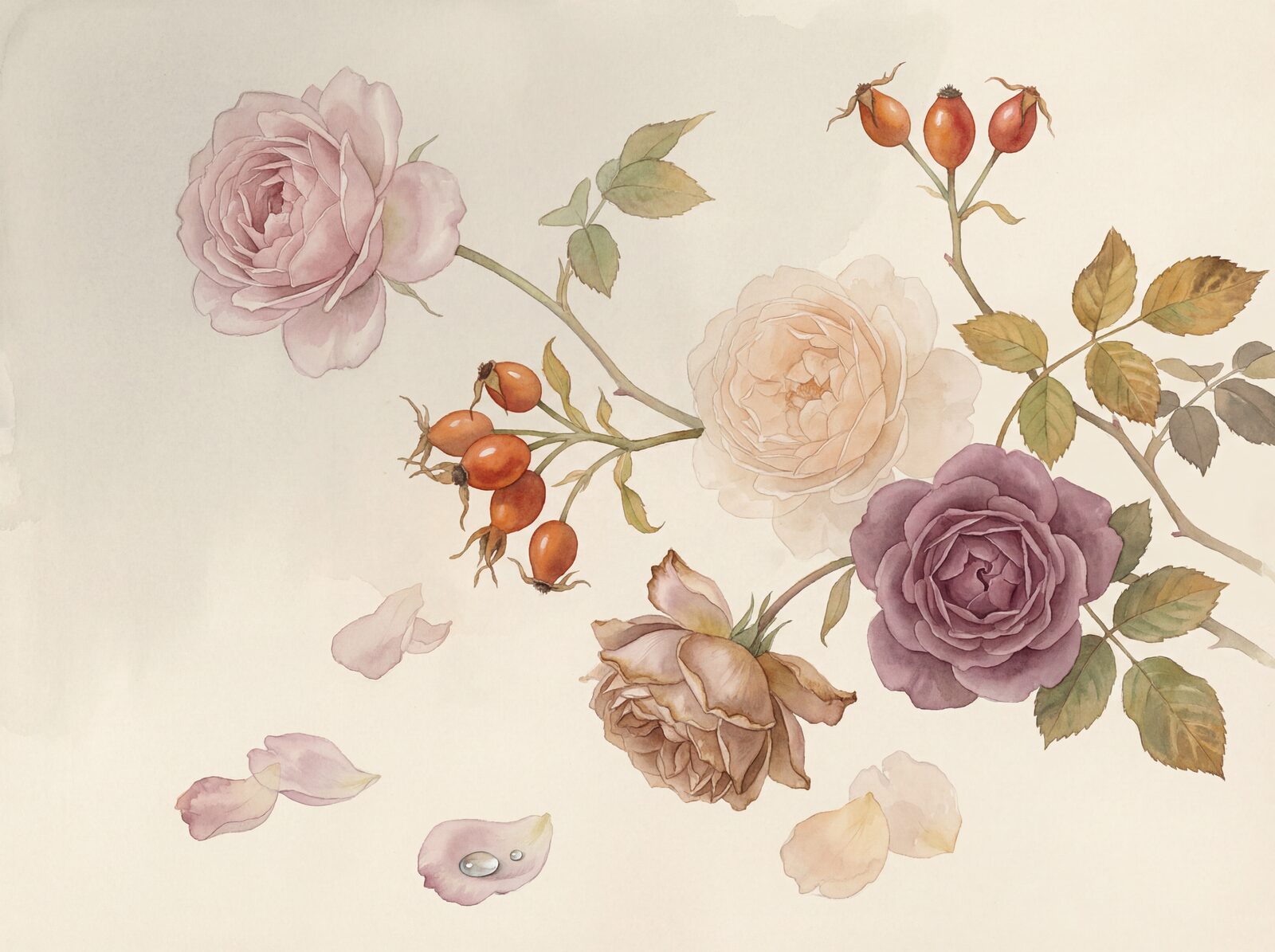 Experience the elegiac beauty of late summer roses with our English Rose Fade mural, featuring muted pinks and peaches. Made to order.