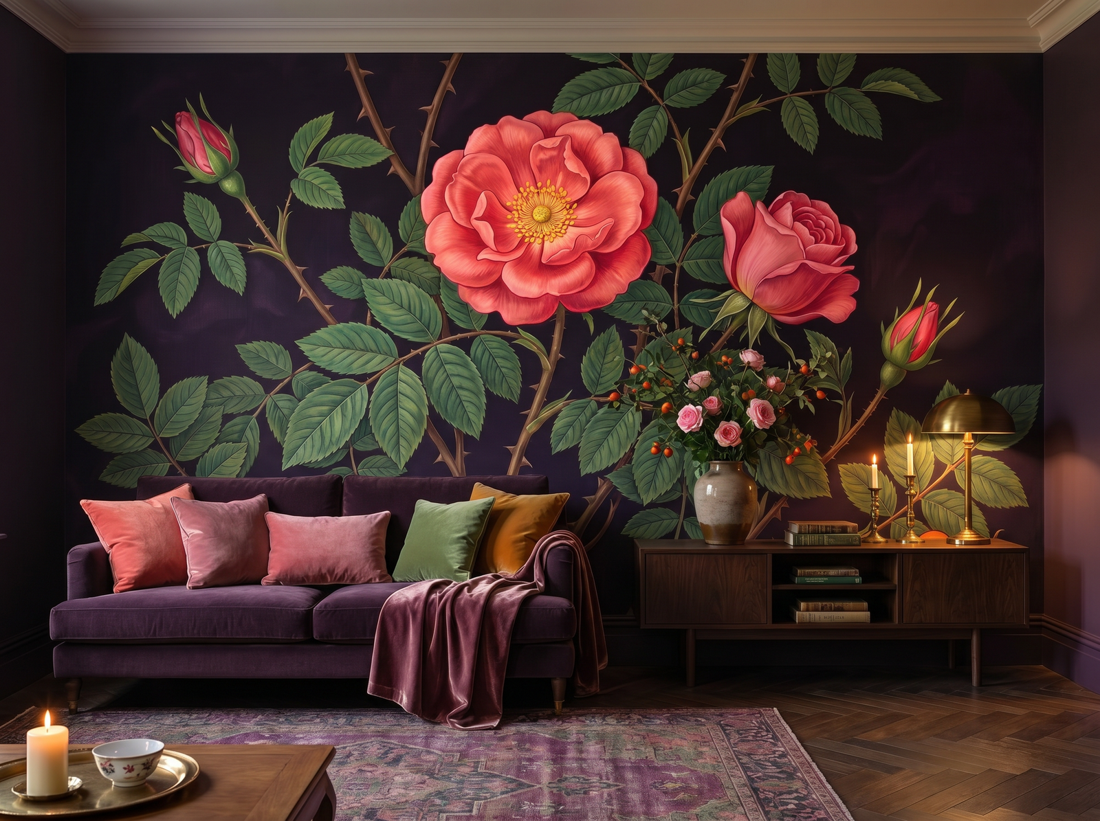 English Rose Specimen scenic wallpaper mural on the feature wall of an English-country bedroom, in a moody black-and-charcoal palette — The Wall Shawl.