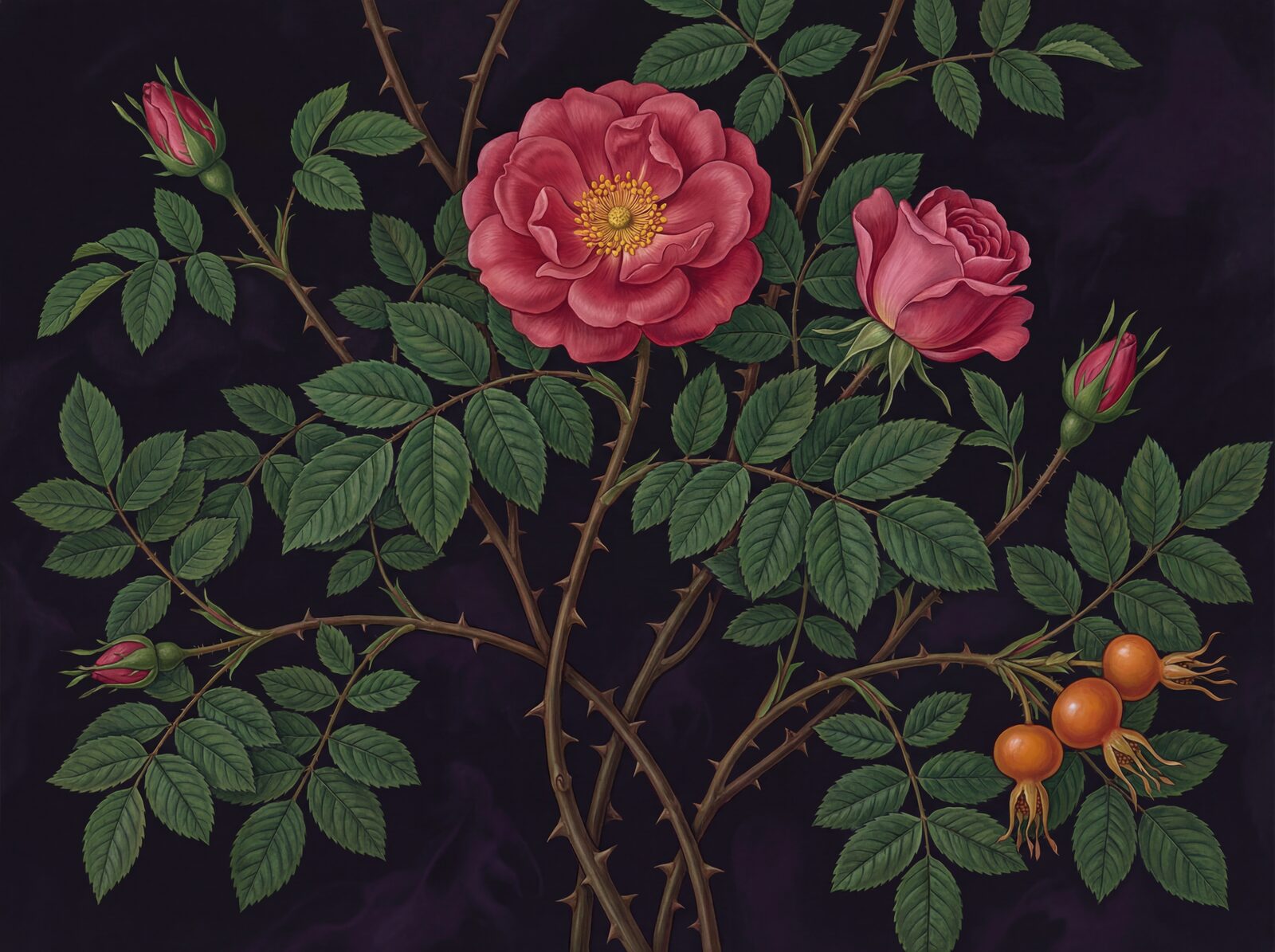 Experience the full beauty of a single rose bush in deep pink, red, and green tones on a near-black ground. Made to order.