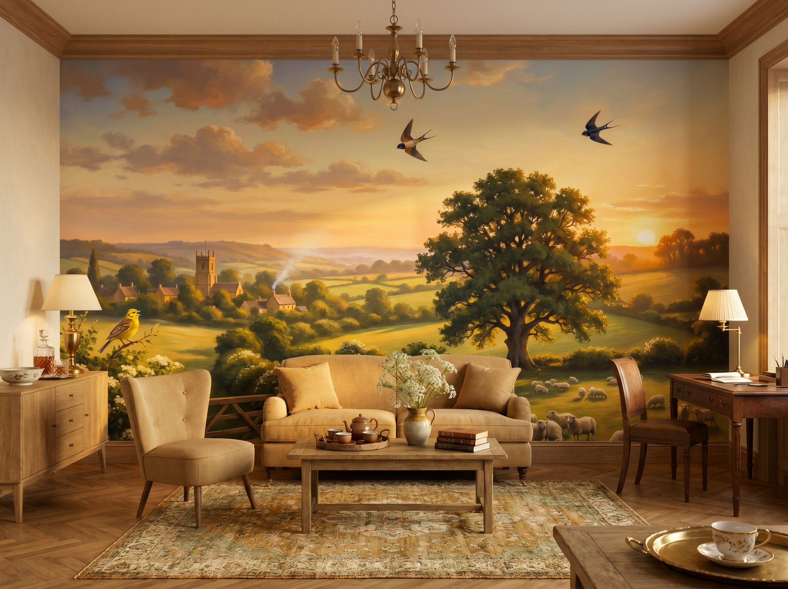 English Sunset scenic wallpaper mural on the feature wall of an English-country living room, in a verdant green palette — The Wall Shawl.