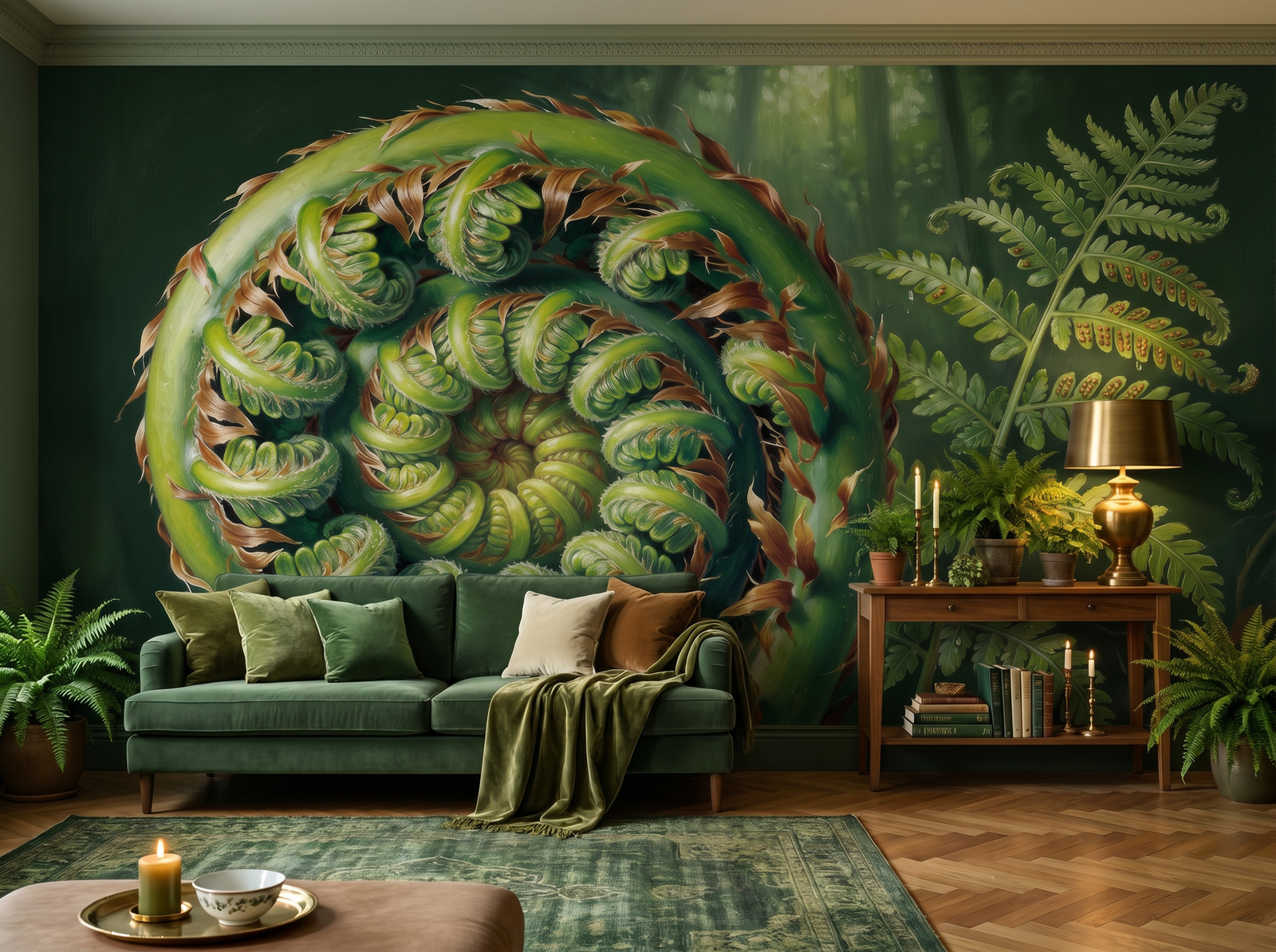 Enormous Fern Unfurling scenic wallpaper mural on the feature wall of an English-country study, in a verdant green palette — The Wall Shawl.