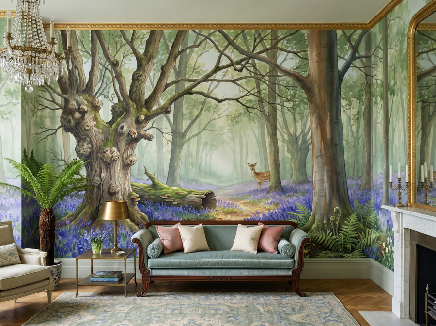 Epping Forest Walk scenic wallpaper mural on the feature wall of an English-country bedroom, in a moody black-and-charcoal palette — The Wall Shawl.