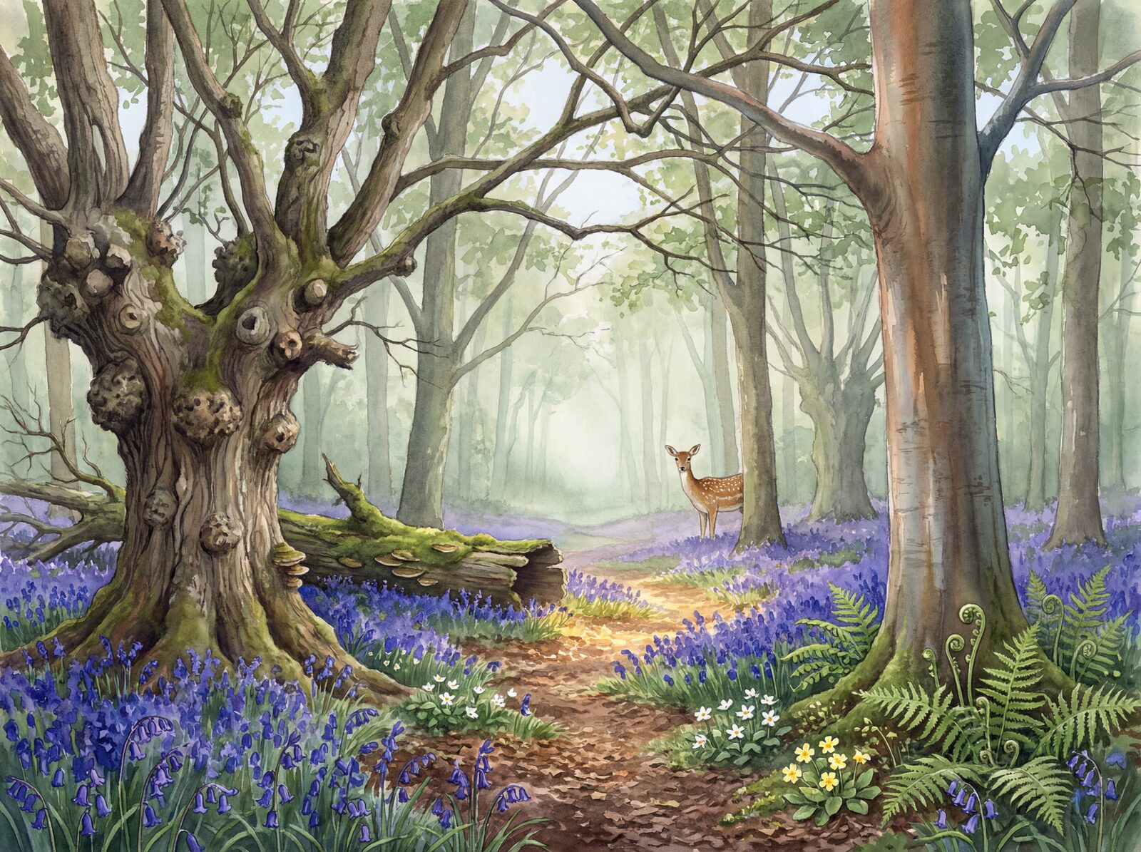 Scenic woodland mural with dark greens, blues, and golds. Made to order.