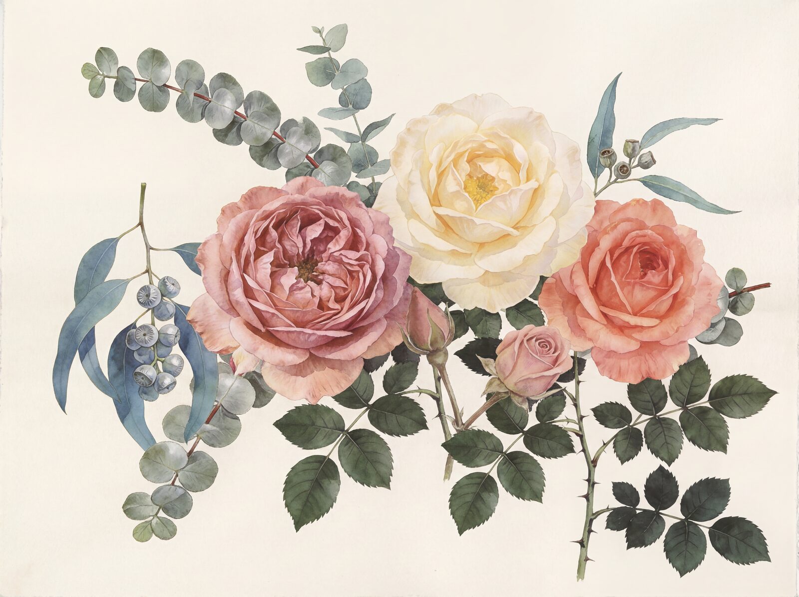A modern romantic mural of dusty pink roses and eucalyptus in a muted palette of pinks, creams, and greens. Made to order.