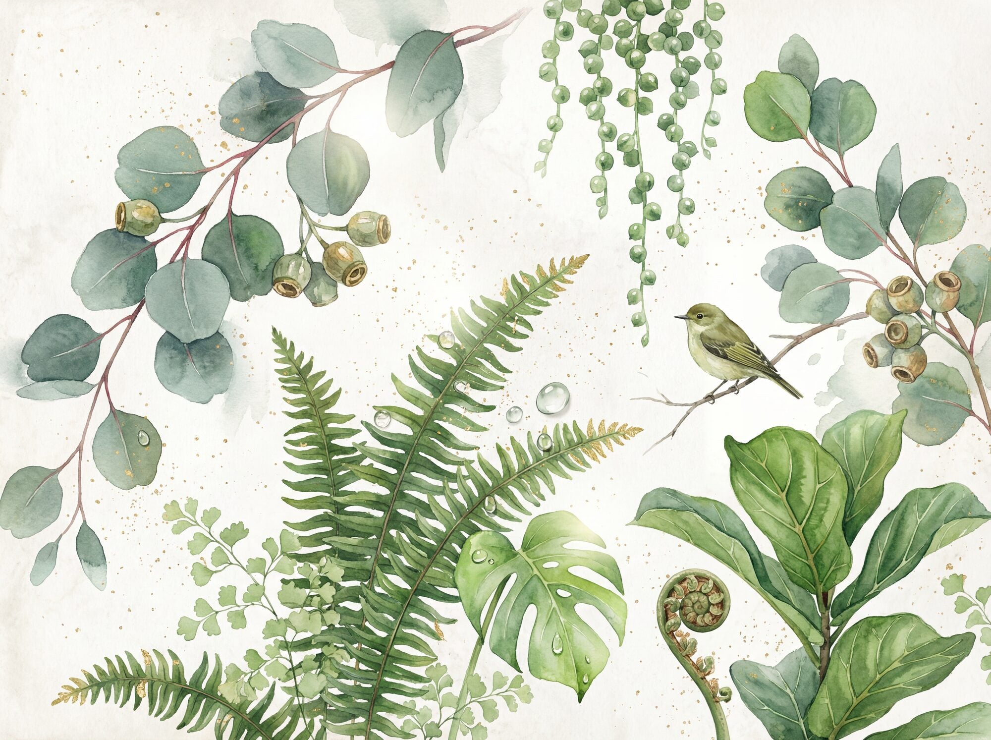 Botanical mural wallpaper with silver dollar eucalyptus, sword fern, monstera, maidenhair fern, fiddle-leaf fig and strings of pearls on a warm white watercolour ground, a small wren perched among the branches