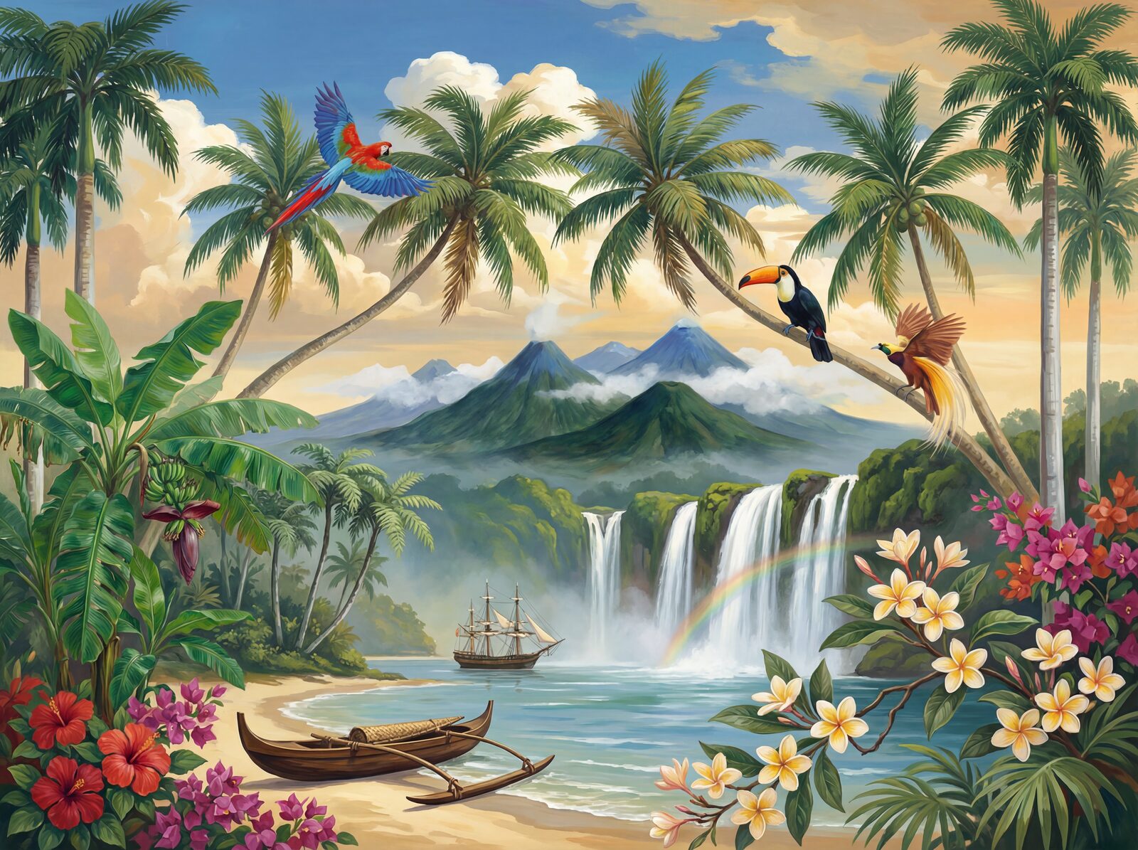 Vibrant jungle scene with turquoise water, Hibiscus Red accents. Made to order.