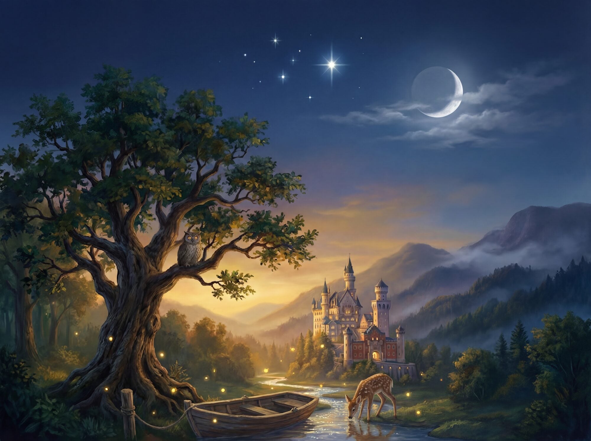 Fantasy castle mural wallpaper showing a fairy-tale twilight landscape with a hilltop castle glowing with amber light, enchanted forest, ancient oak with owl, stone bridge, deer at river's edge, fireflies, crescent moon and evening stars