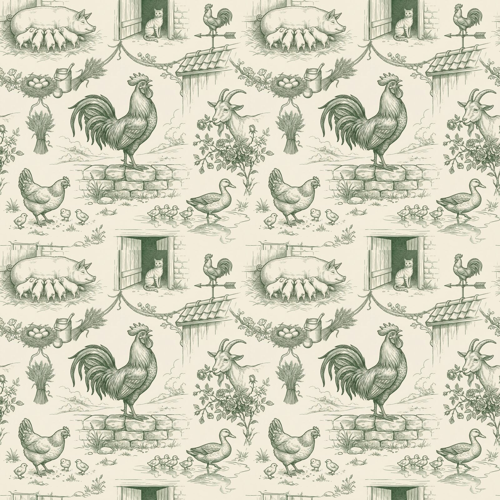 Lively French farmyard toile mural wallpaper in French Cream and Sage tones. Made to order.