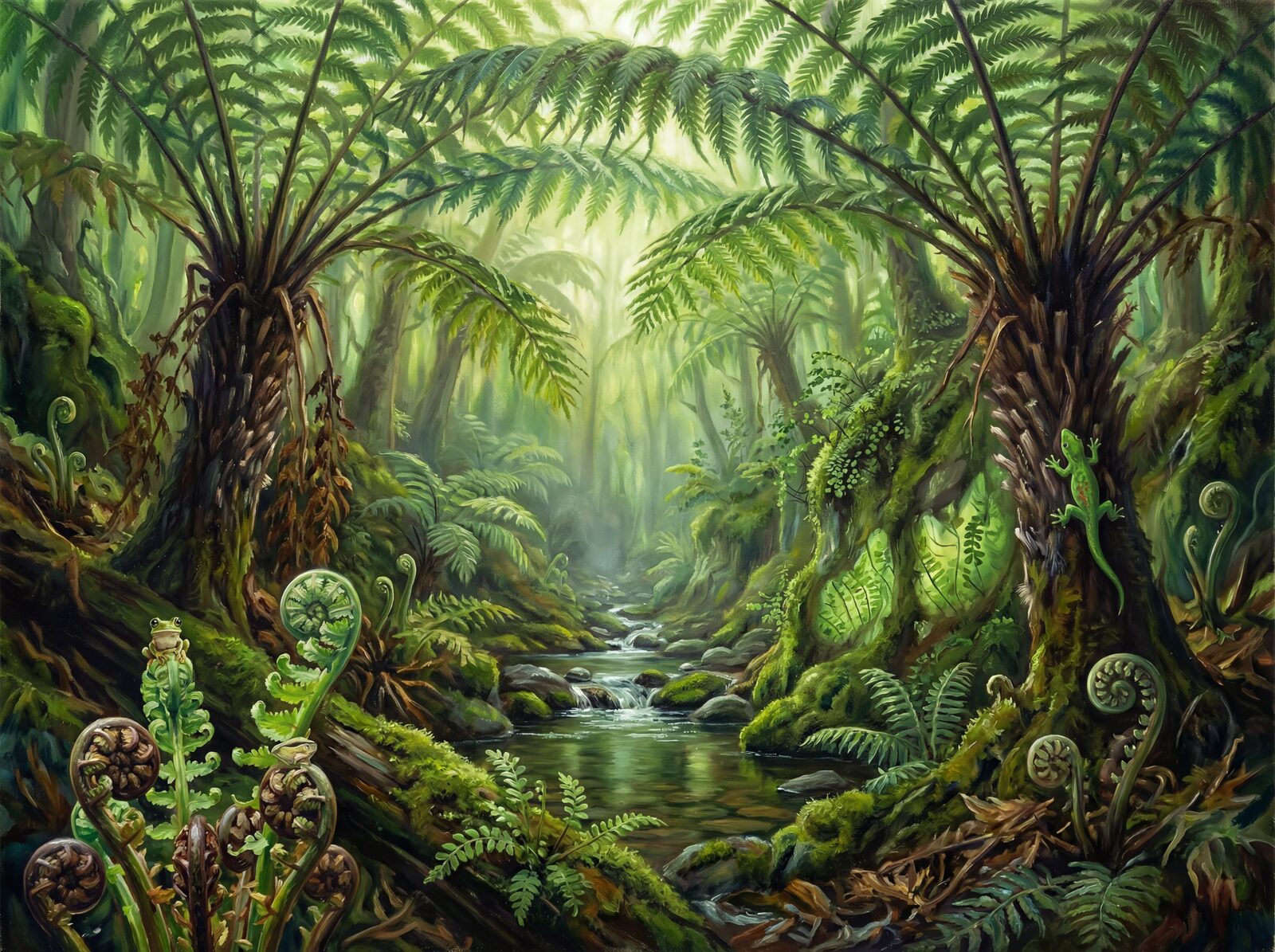 Immersive woodland mural with palette of greens. Made to order.