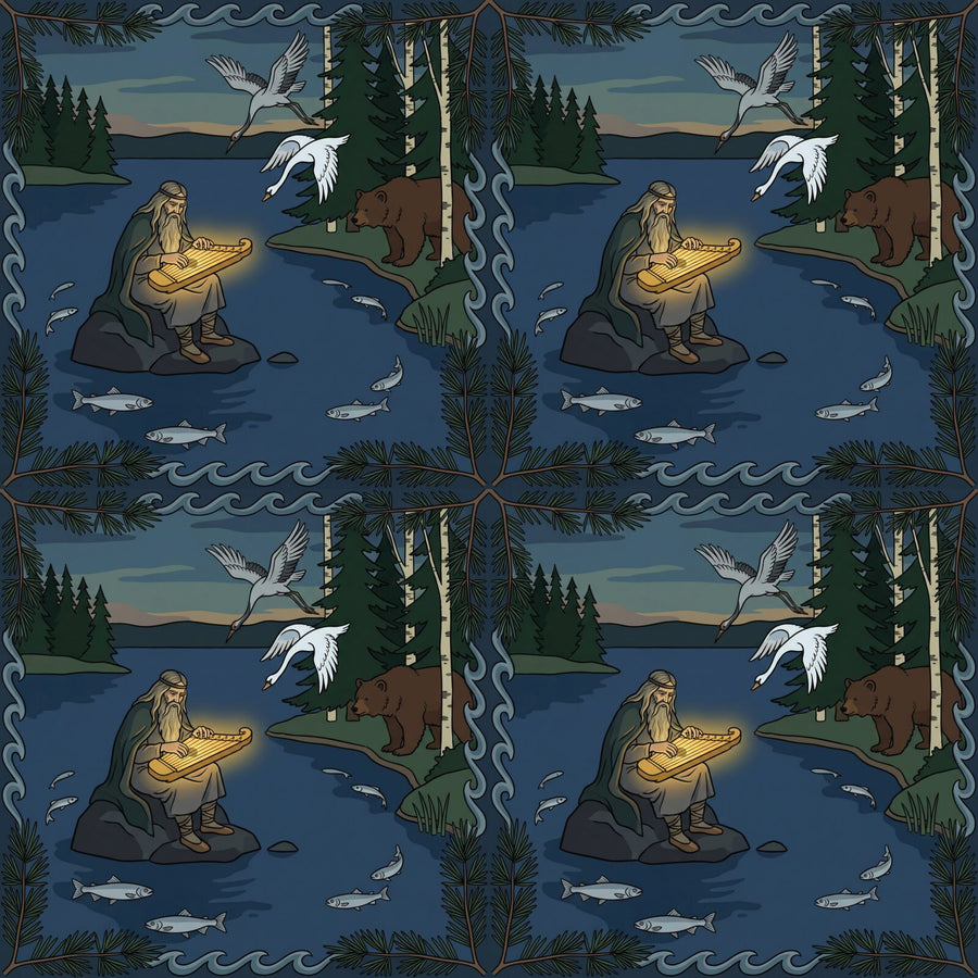Step into the mythic Finnish taiga. Dark greens, blues, and golden accents. Made to order.