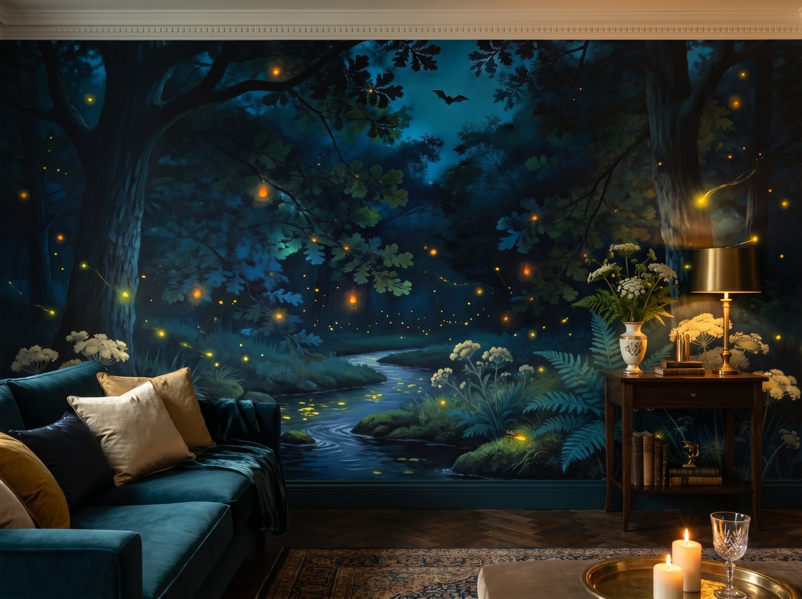 Firefly Stream scenic wallpaper mural on the feature wall of a biophilic bedroom, in a moody black-and-charcoal palette — The Wall Shawl.
