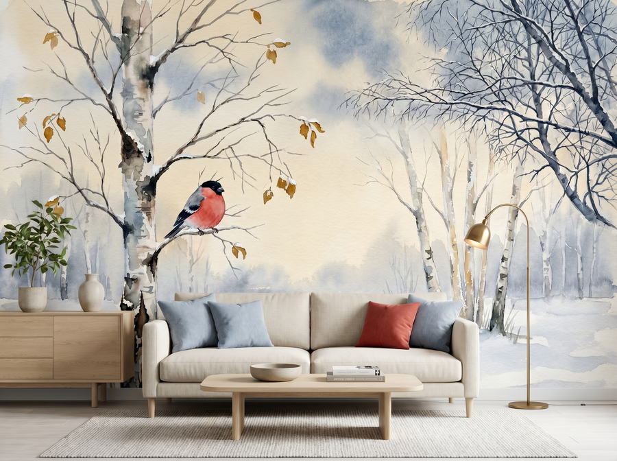 First Snow Birch scenic wallpaper mural on the feature wall of an English-country bedroom, in a soft grey palette — The Wall Shawl.