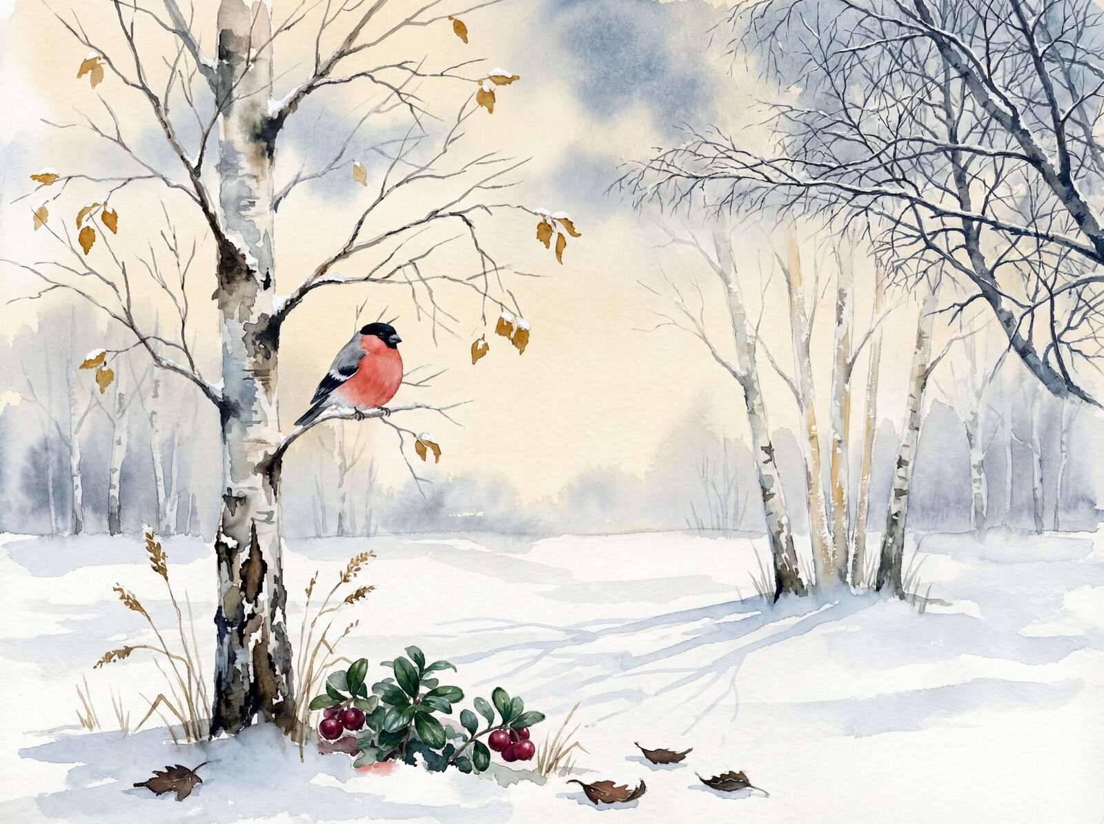 Scenic mural wallpaper in Fresh Snow, Birch Bark, and Snow Shadow hues. Made to order.