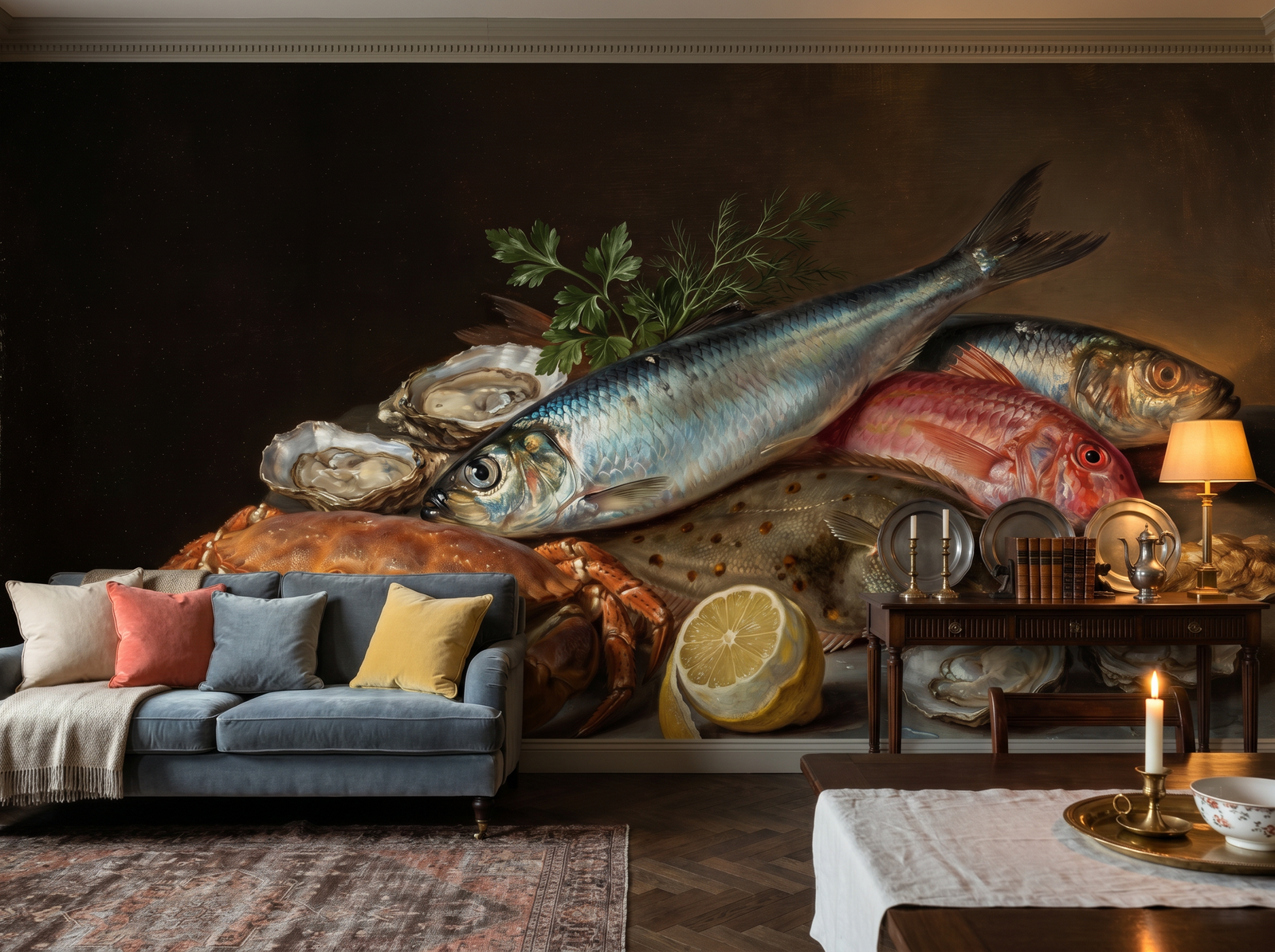 Fish Market wallpaper mural styled in a Coastal Kitchen, Floral, Greys palette.