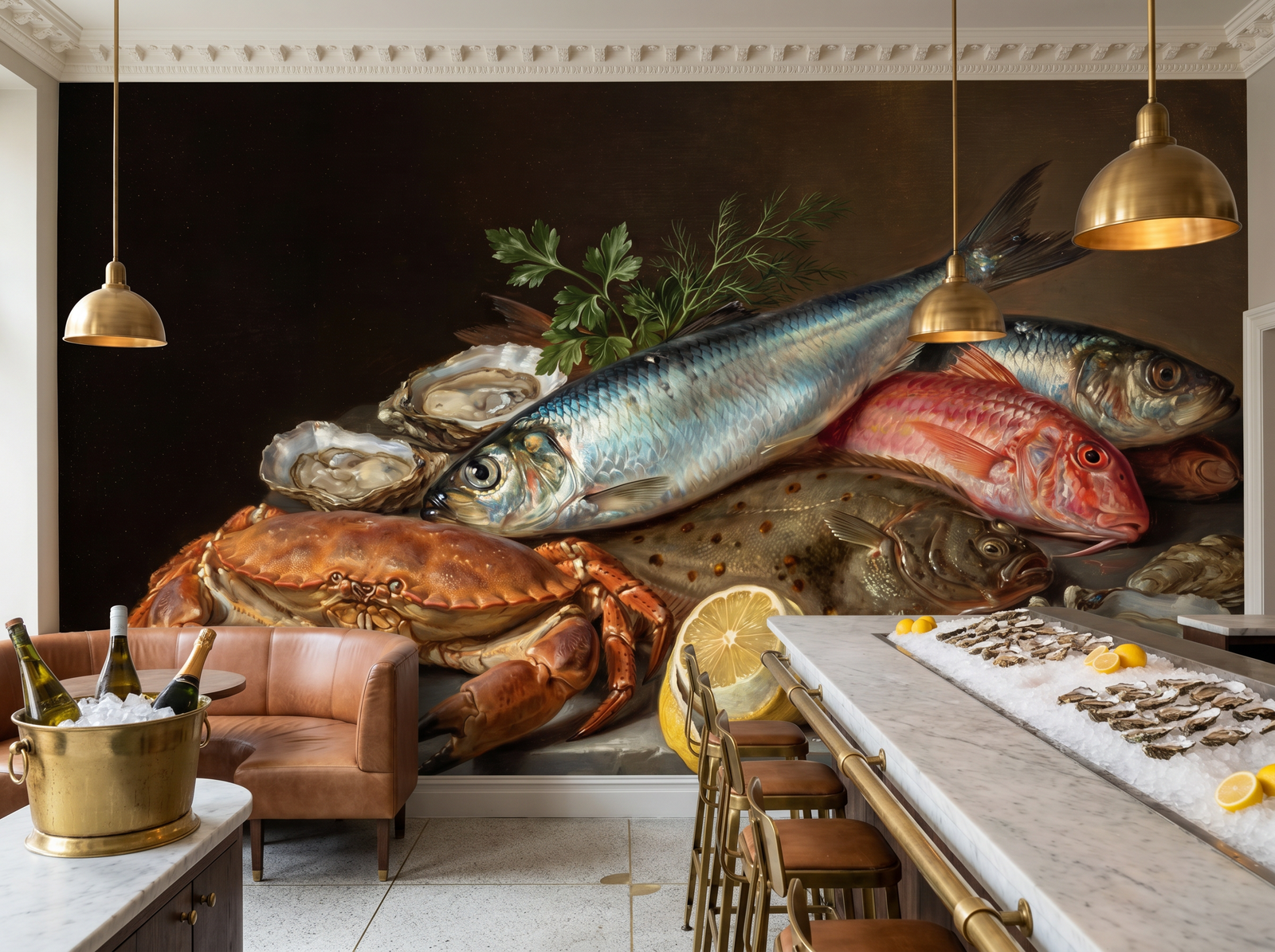 Fish Market scenic wallpaper mural on the feature wall of a coastal kitchen_eb1afb91 2c03 4a3b b717 f7c04c929b7f, in a soft grey palette — The Wall Shawl.