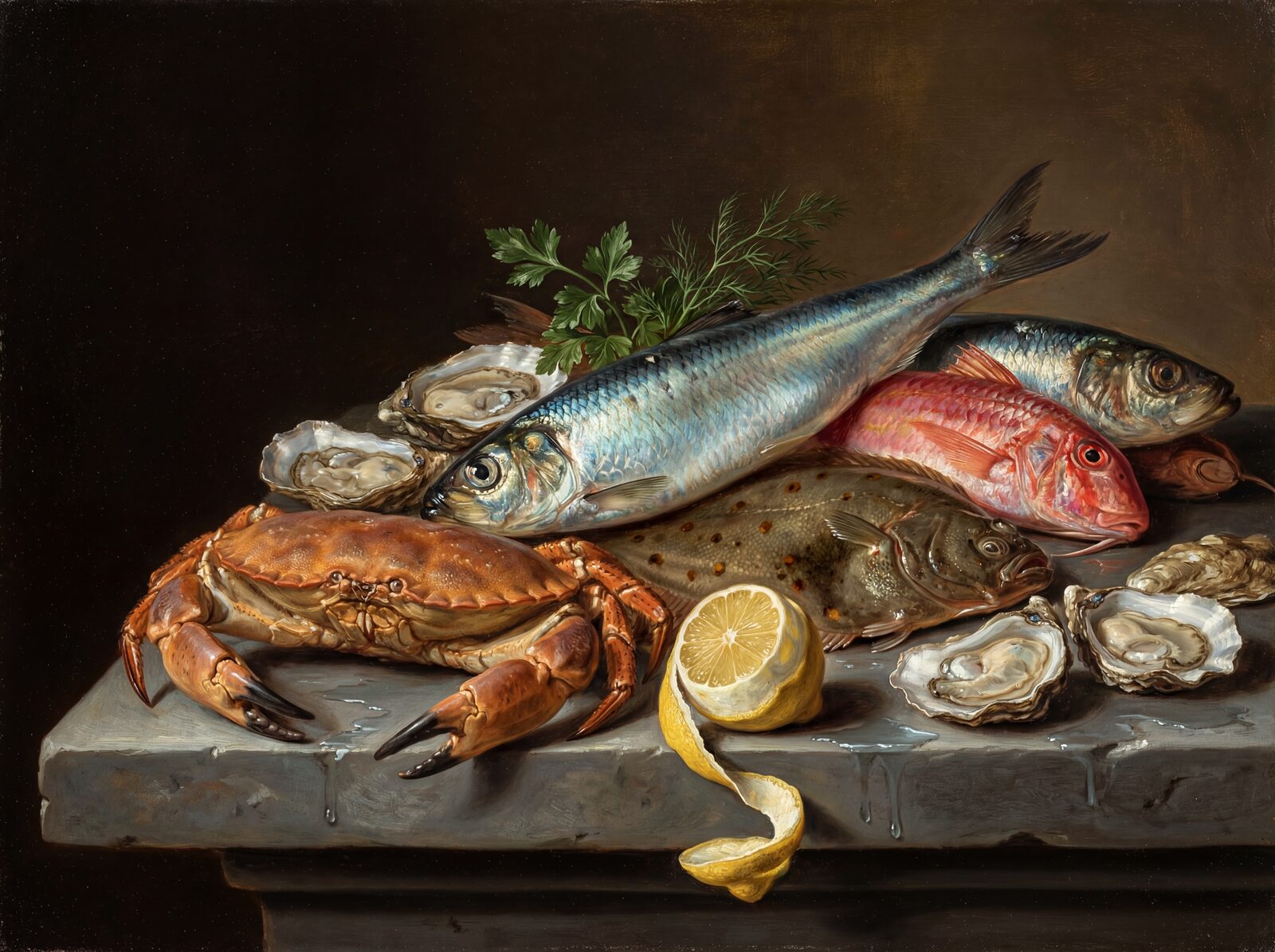 Experience the abundance of a 17th-century Dutch fish market. Profound darks, shimmering silvers, and rich reds. Made to order.