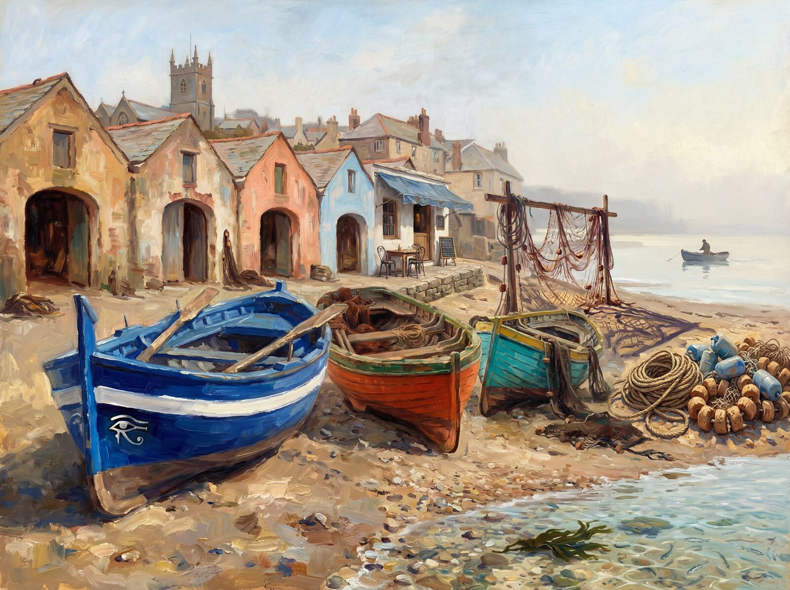 Vibrant Mediterranean scene with Cobalt, Chili Red, Boat Green, Sun Yellow, Shore Turquoise, Beach Sand, Net Brown, Boathouse Peach hues. Made to order.