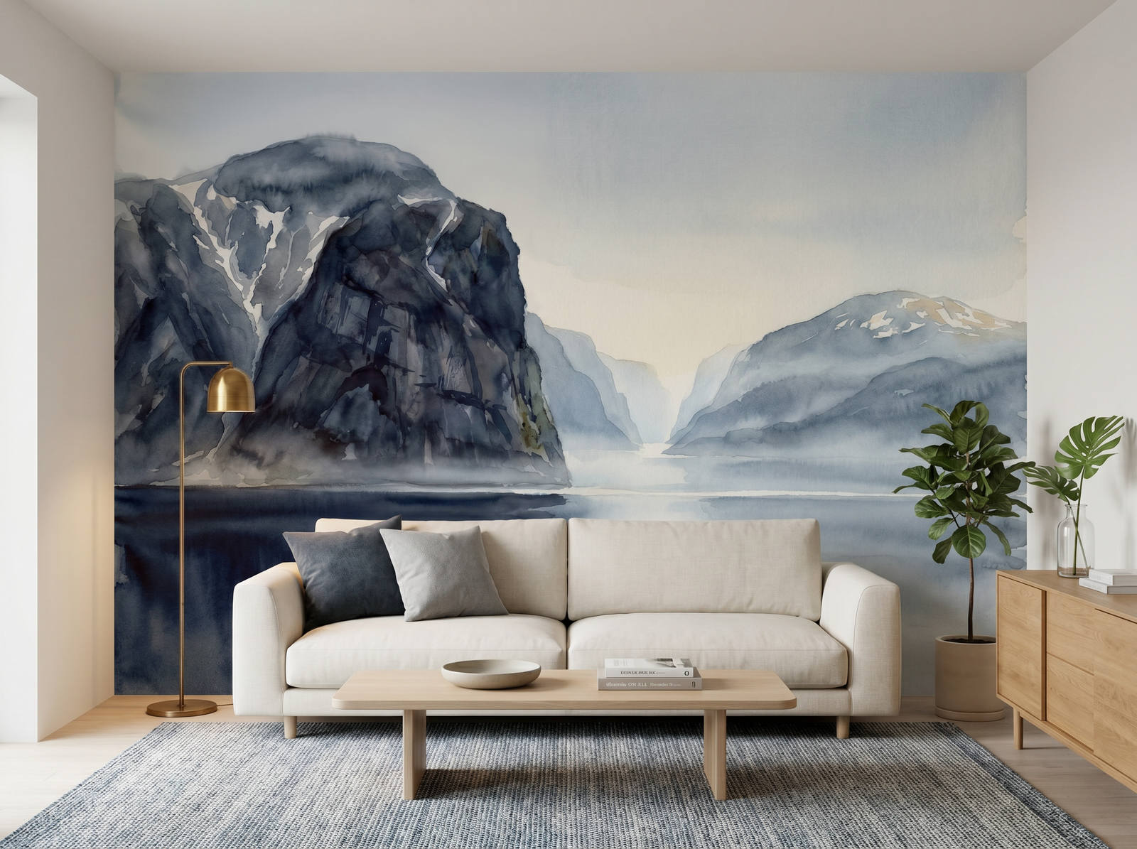 Fjord Morning scenic wallpaper mural on the feature wall of a Scandinavian living room, in a cool blue palette — The Wall Shawl.