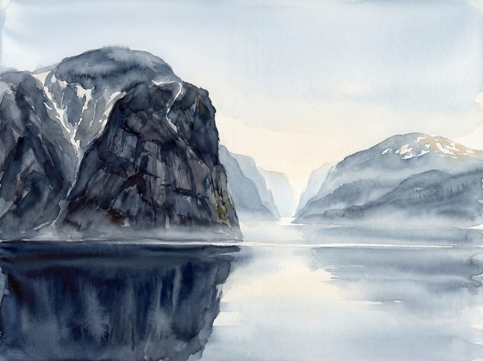 Nordic scenic mural with pale sky, dark mountains, and still water. Made to order.