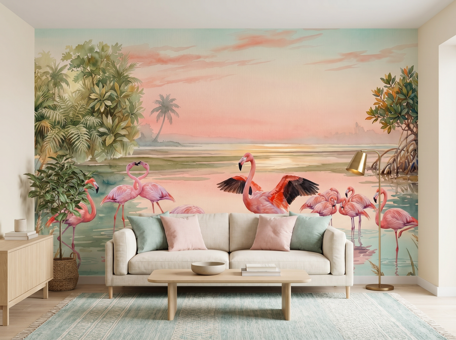 Flamingo Lake scenic wallpaper mural on the feature wall of an English-country bathroom, in a soft grey palette — The Wall Shawl.