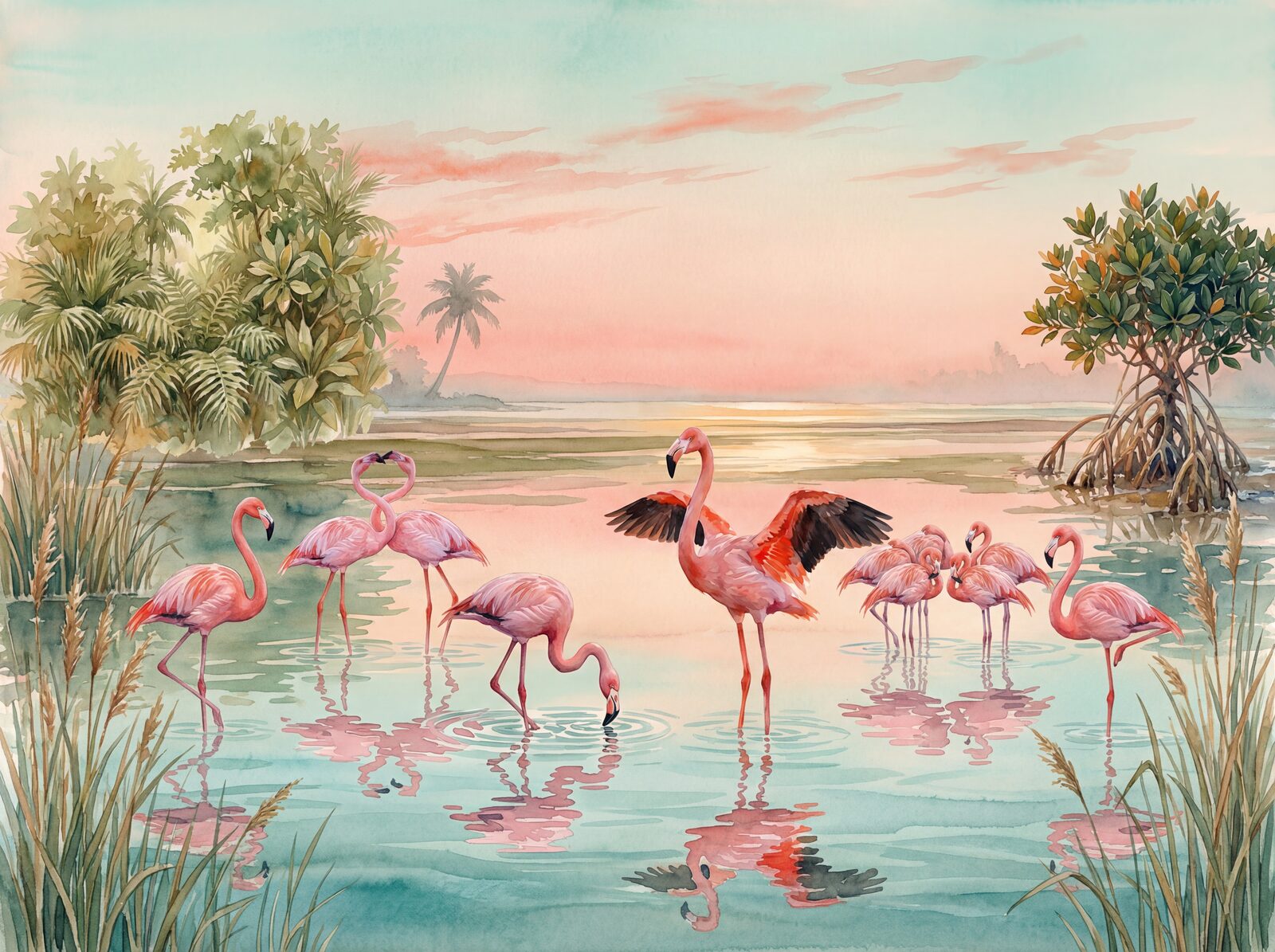 Scenic mural wallpaper in Flamingo Pink, Wing Coral, and Water Teal. Made to order.