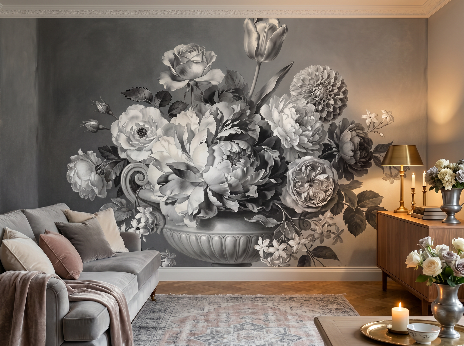 Floral Grisaille scenic wallpaper mural on the feature wall of an English-country bedroom, in a soft grey palette — The Wall Shawl.