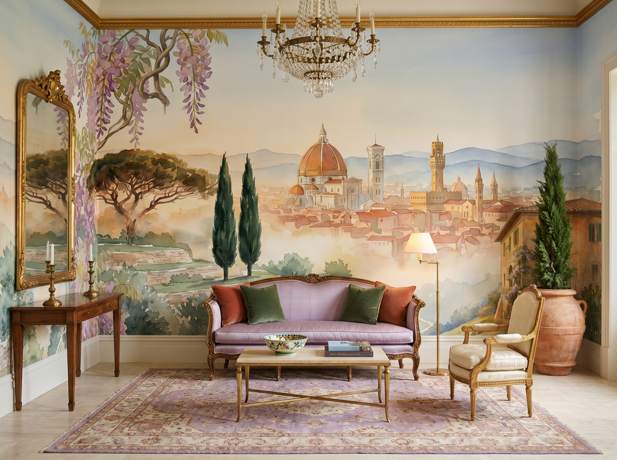 Florentine Hillside scenic wallpaper mural on the feature wall of a Mediterranean bedroom, in a soft grey palette — The Wall Shawl.