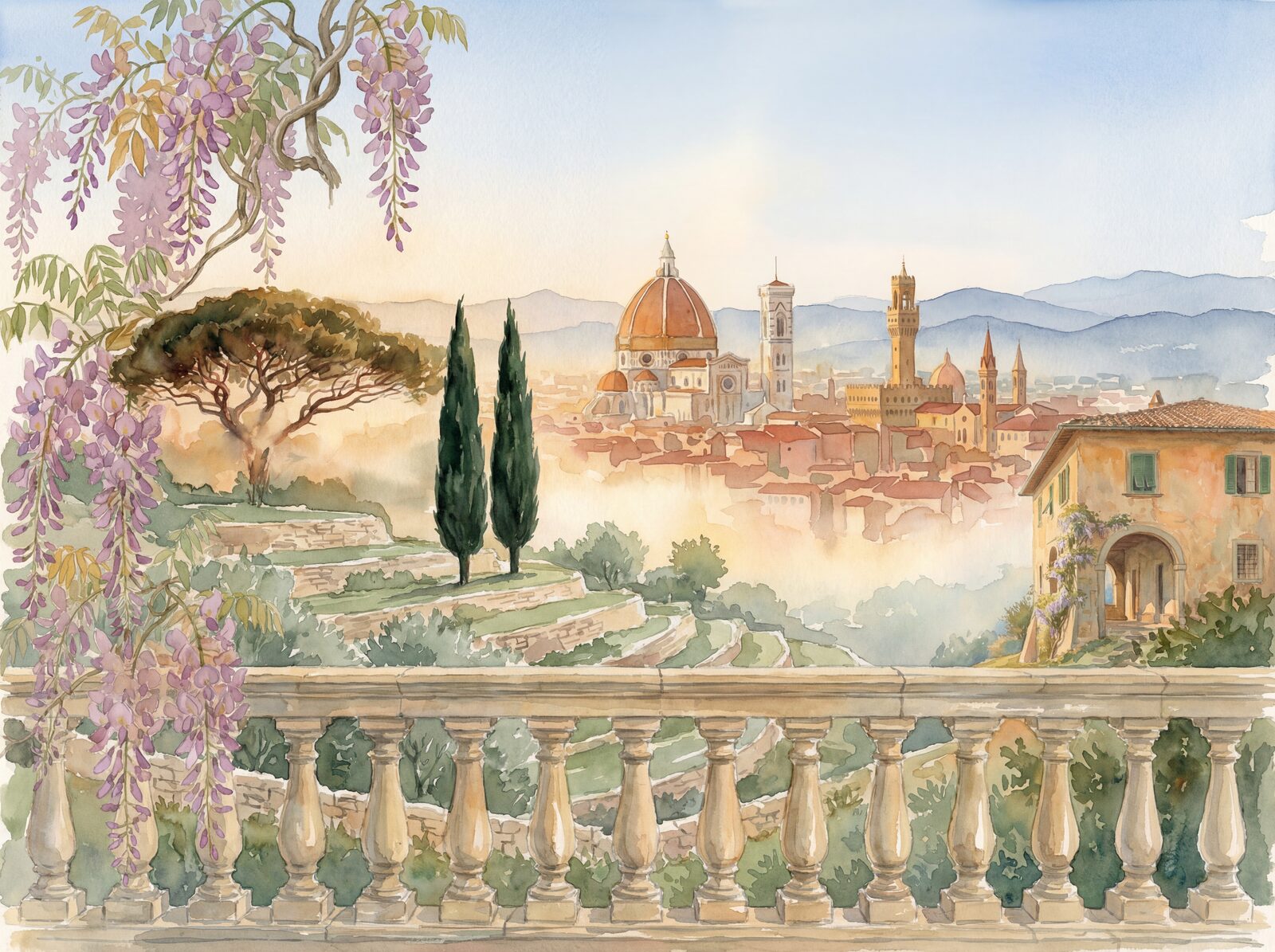 Scenic mural wallpaper in Terracotta Roof, Cypress Green, and Morning Mist hues. Made to order.