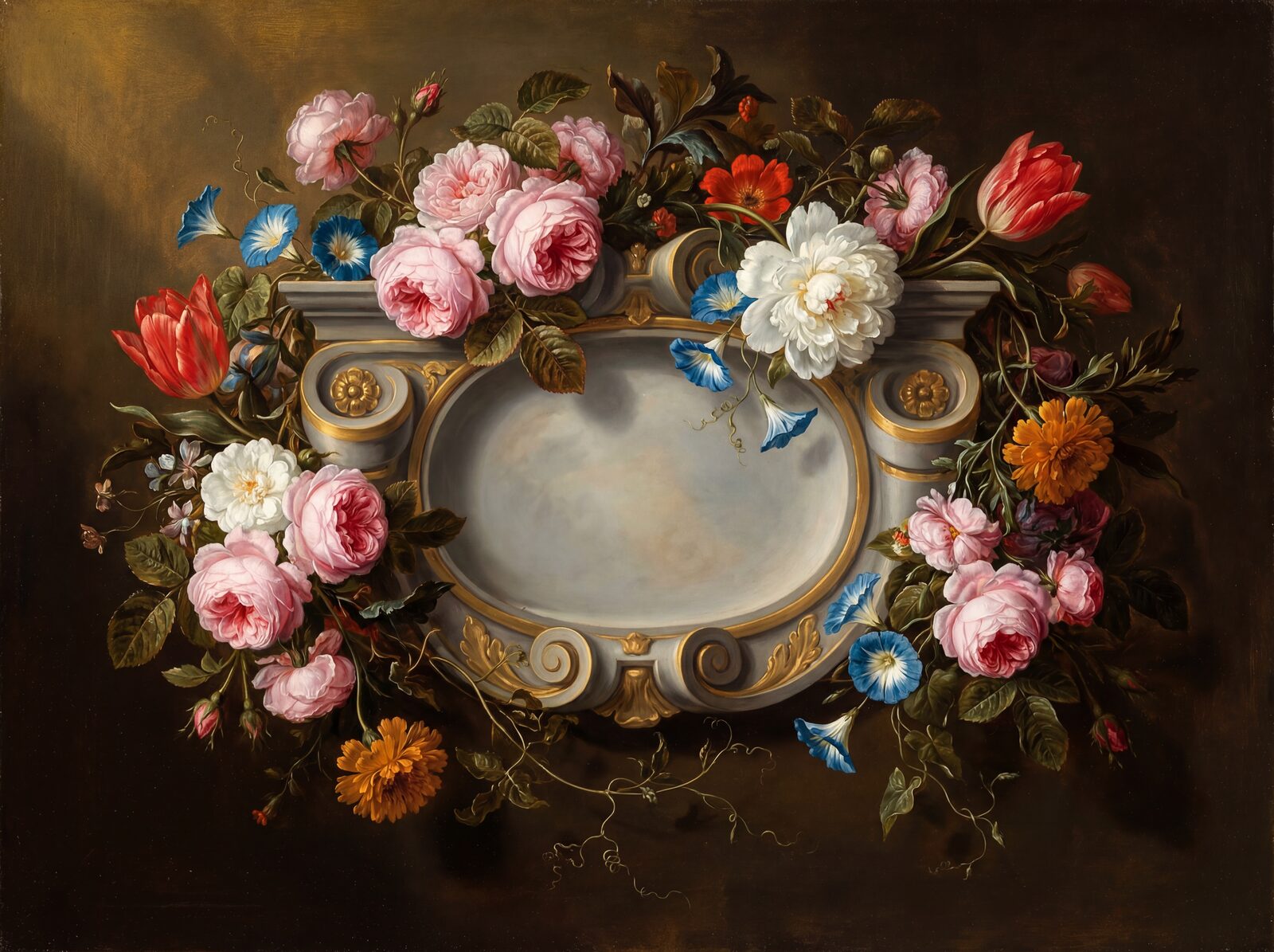 Baroque flower garland mural with roses, tulips, peonies, and morning glories on a dark ground. Made to order.