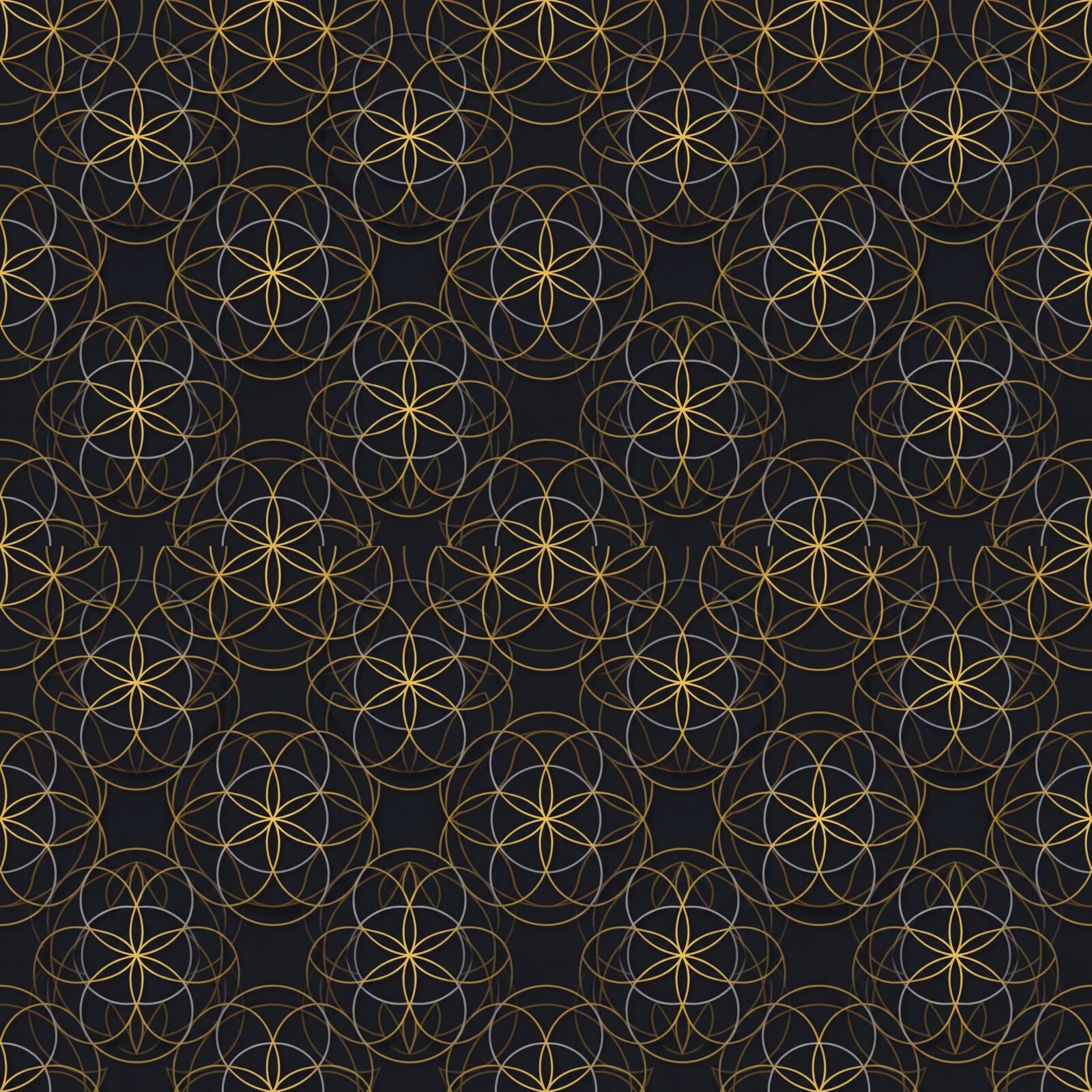 Envelop your space in the ancient, cosmic geometry of the Flower of Life. Featuring deep charcoal, sacred gold, and cool silver. Made to order.