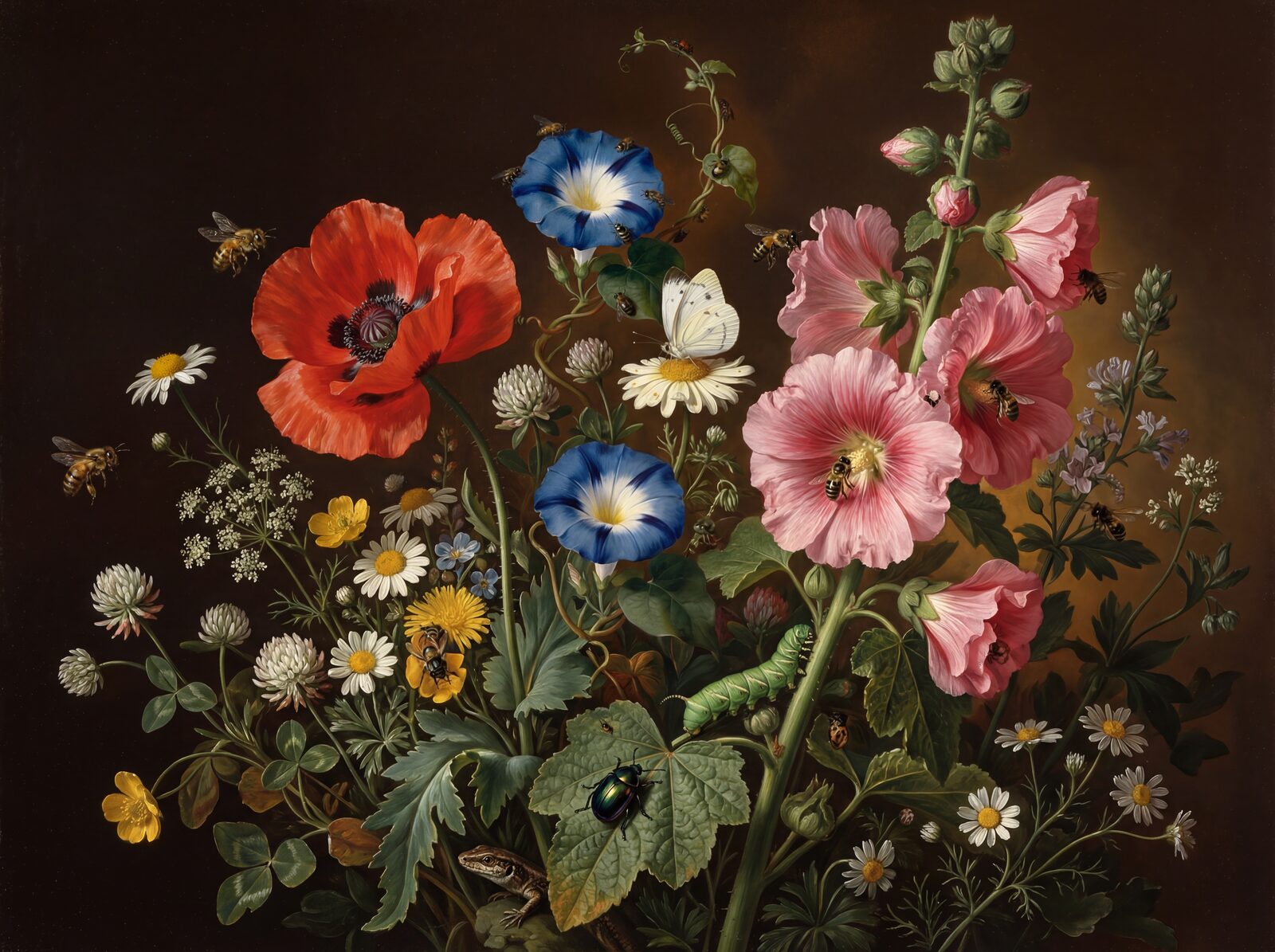 A vibrant botanical mural teeming with insects, in Poppy Red, Morning Glory, and Beetle Green. Made to order.