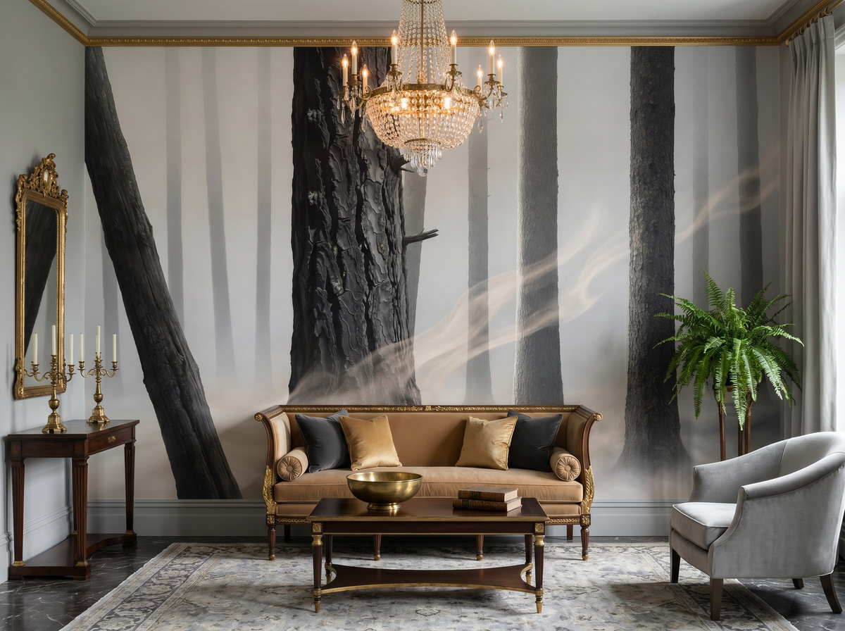 Foggy Forest at Dawn scenic wallpaper mural on the feature wall of a dark-academia study, in a warm neutral palette — The Wall Shawl.