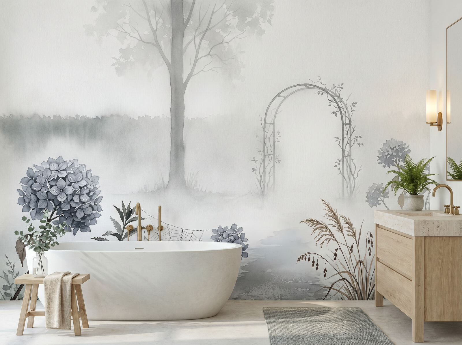 Foggy Morning Garden scenic wallpaper mural on the feature wall of an English-country bedroom, in a soft grey palette — The Wall Shawl.